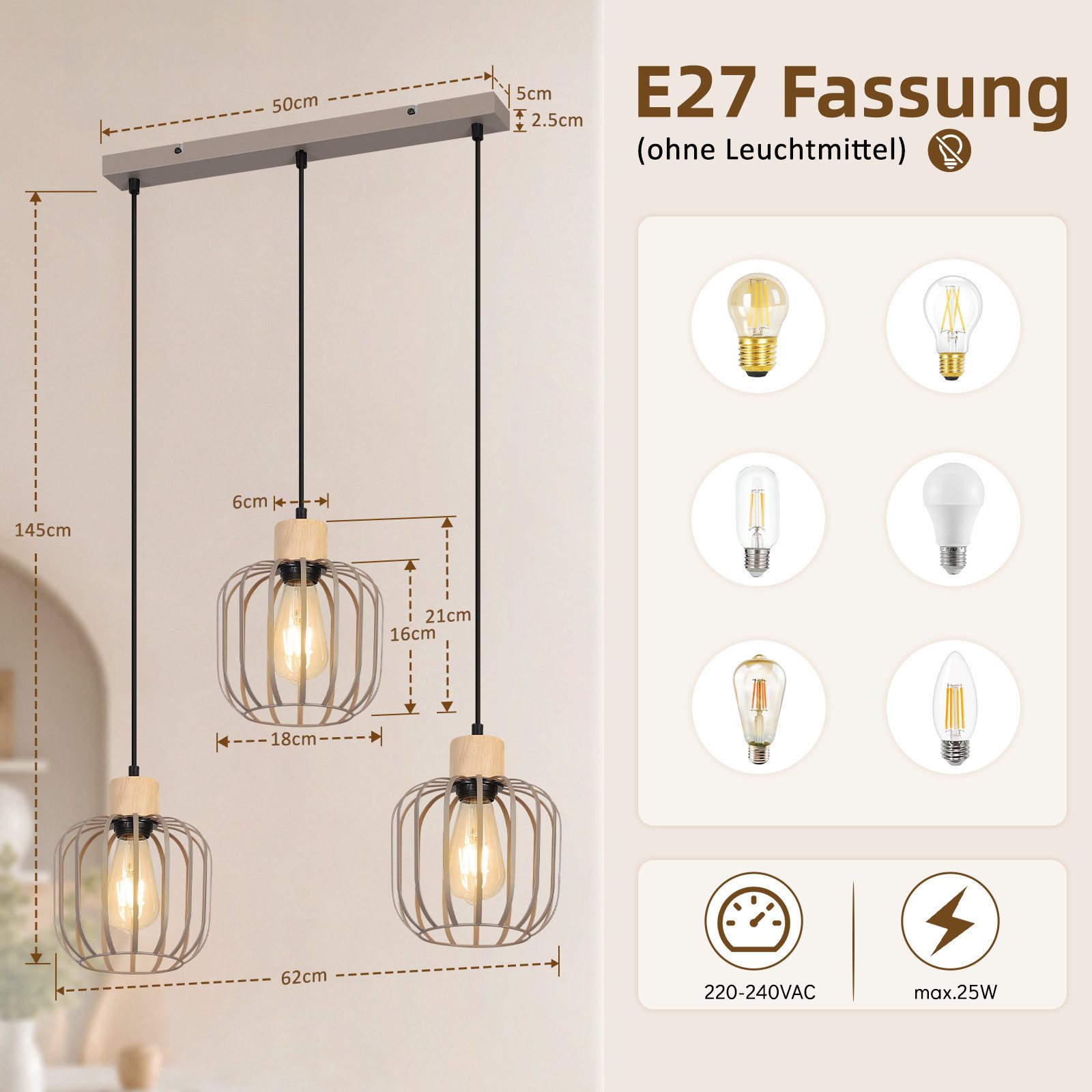 Nettlife Pendelleuchte Weiß/grau 1/3flammig Holz moderne Hängelampe E27 Fassung, ohne Leuchtmittel, für Esstisch Wohnzimmer Küche Flur Kücheninsel – Bild 3 von 5