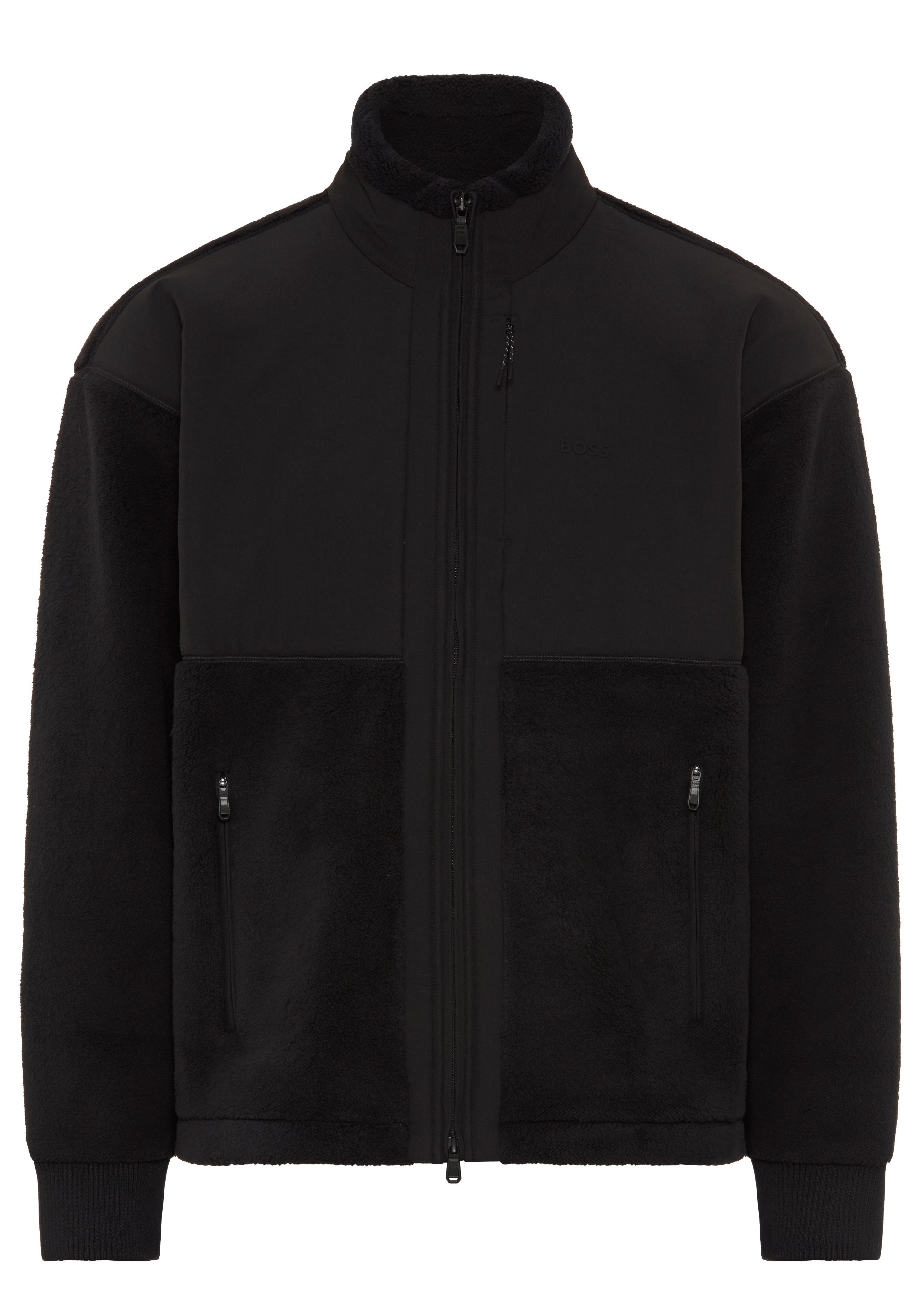 BOSS GREEN Fleecejacke SW_Sveedy Long mit Webdetails, Relaxed Fit, Logo-Stickerei
