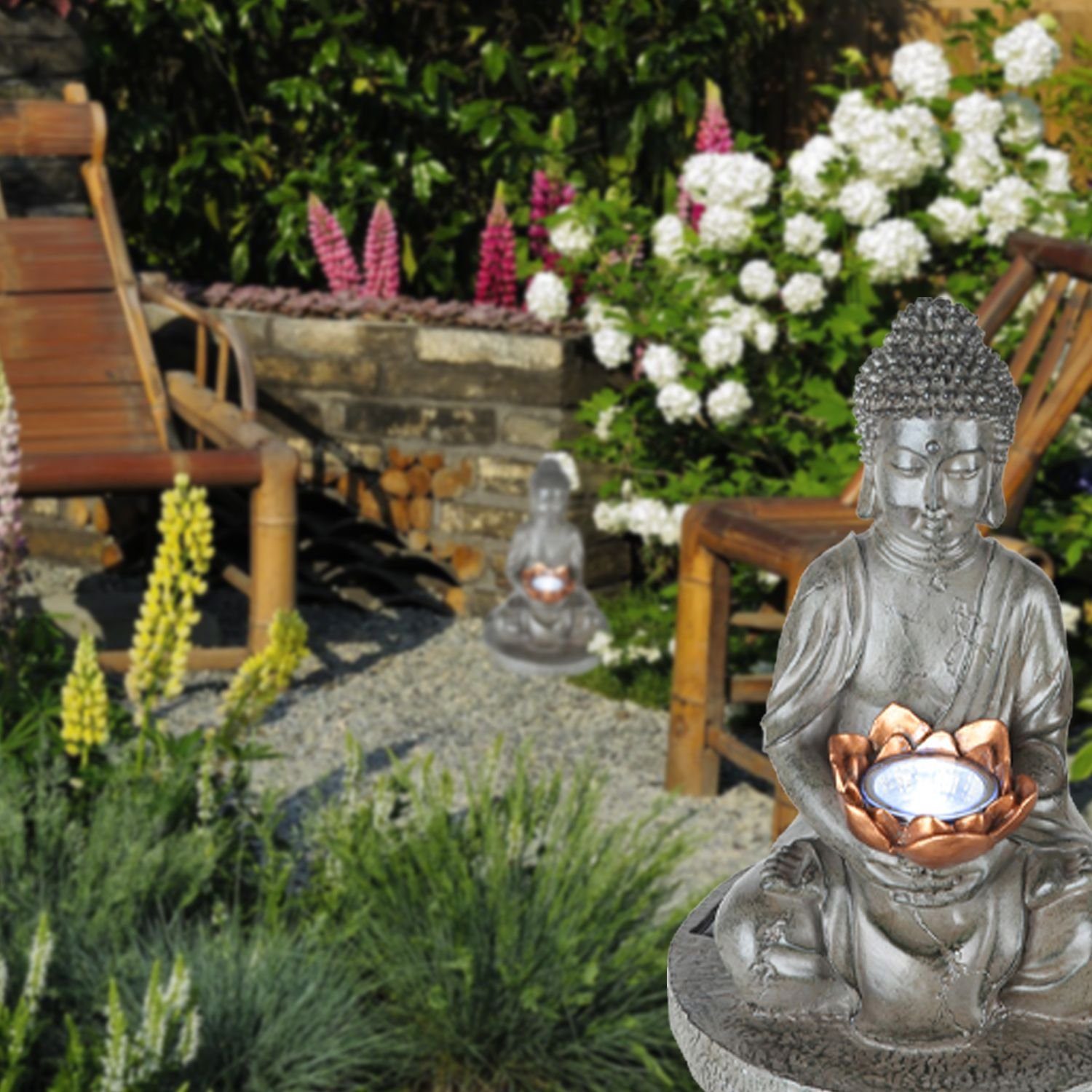 bmf-versand LED Solarleuchte Solarleuchte Garten Solarlampe Buddha 2er Set Garten Deko Außen, LED fest integriert, warmweiß, Gartenbeleuchtung