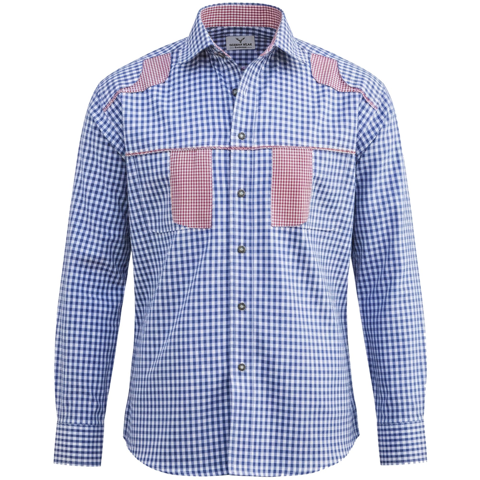 German Wear Trachtenhemd GW1242 Blue Karo Trachtenhemd für Trachtenlederhosen Krempelärmel Baumwolle