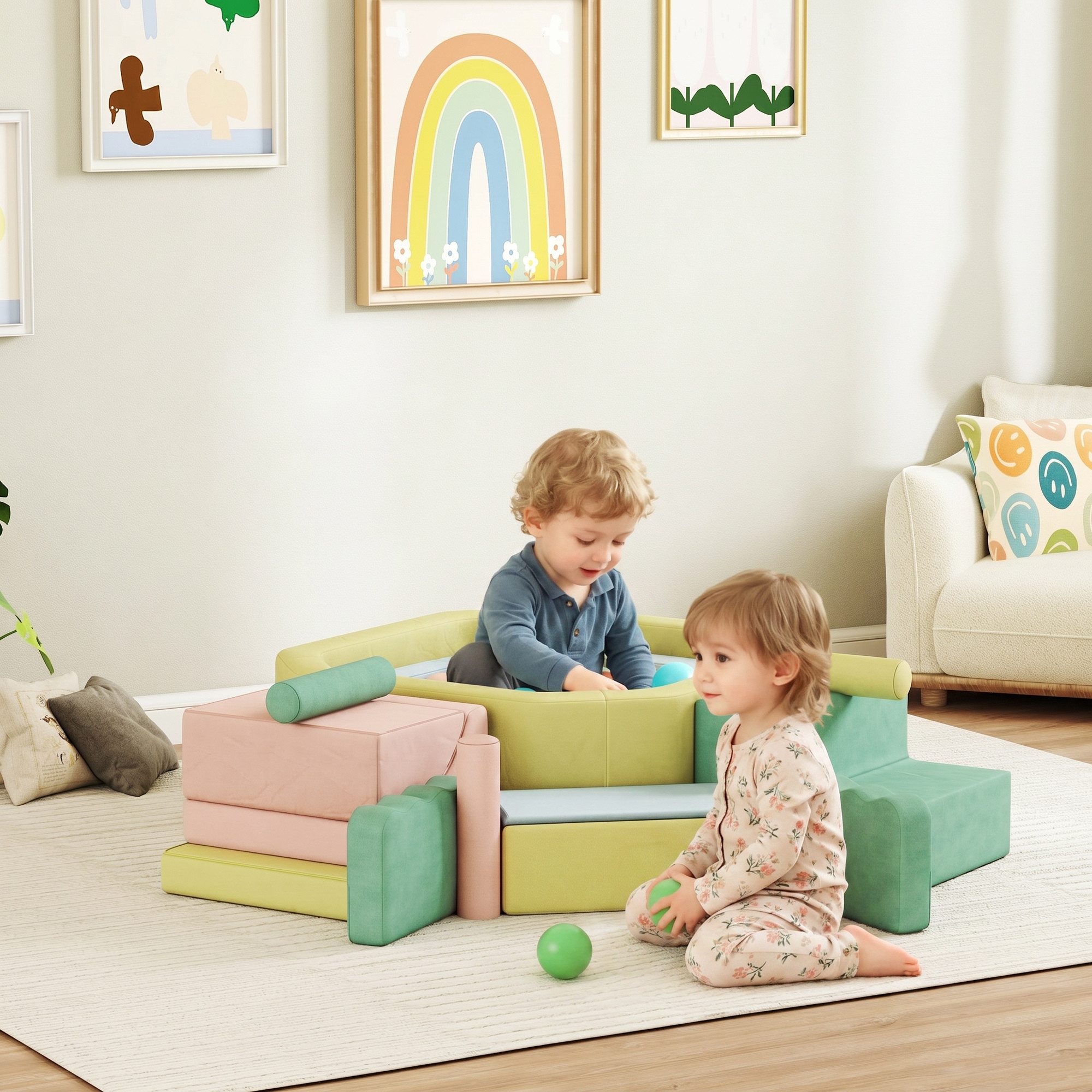 AIYAPLAY Kinder Softbausteine mit Bällepool, 200 Bälle, Riesenbausteine Spielbausteine, (Kletter- und Spielset, 15 St., Schaumstoffbausteine), Klettern Großbausteine, Mehrfarbig