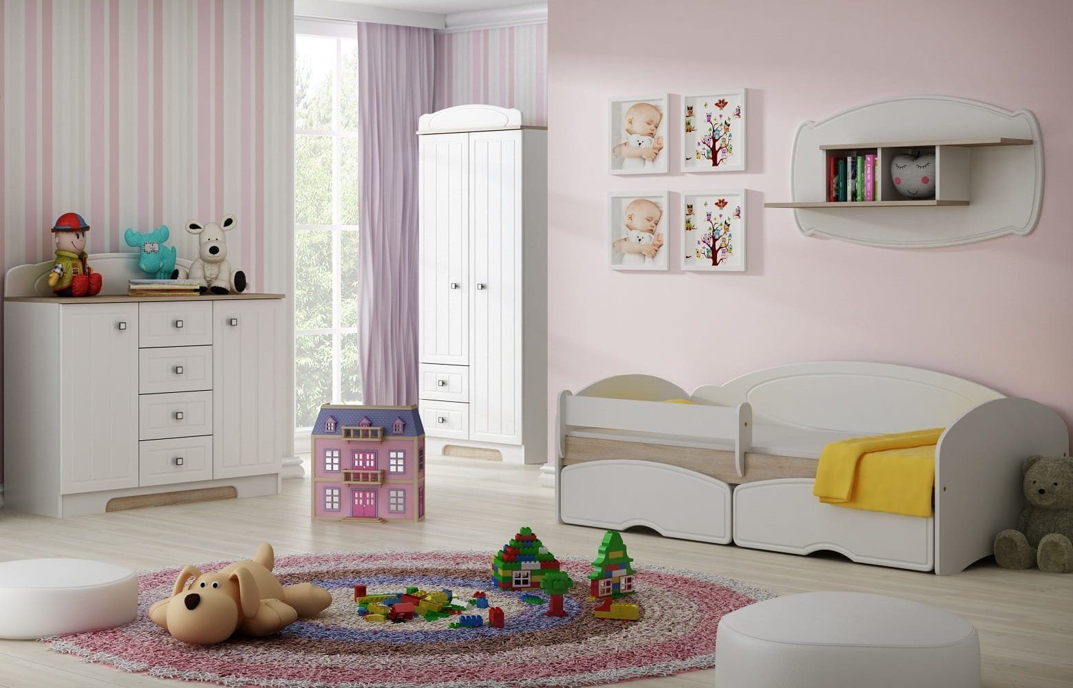 Best for Kids Jugendzimmer-Set Classic B, (Set, 5-St., Bett mit 10 cm Matratze + Kleiderschrank + Kommode + Hängendes Regal)