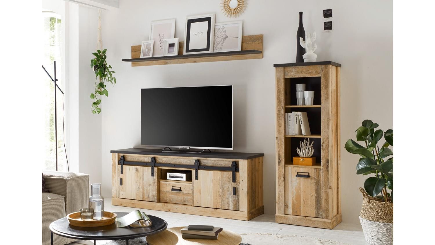 IMV Wohnwand Wohnwand Sherwood W1 Old Style hell anthrazit soft-close, (3-St)