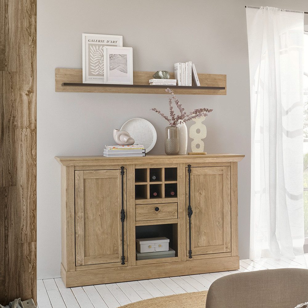 Lomadox Esszimmer-Set COLBY-61, (Spar-Set, 2-St., Sideboard Wandregal), in Eiche mit schwarzen Griffen, Landhausstil