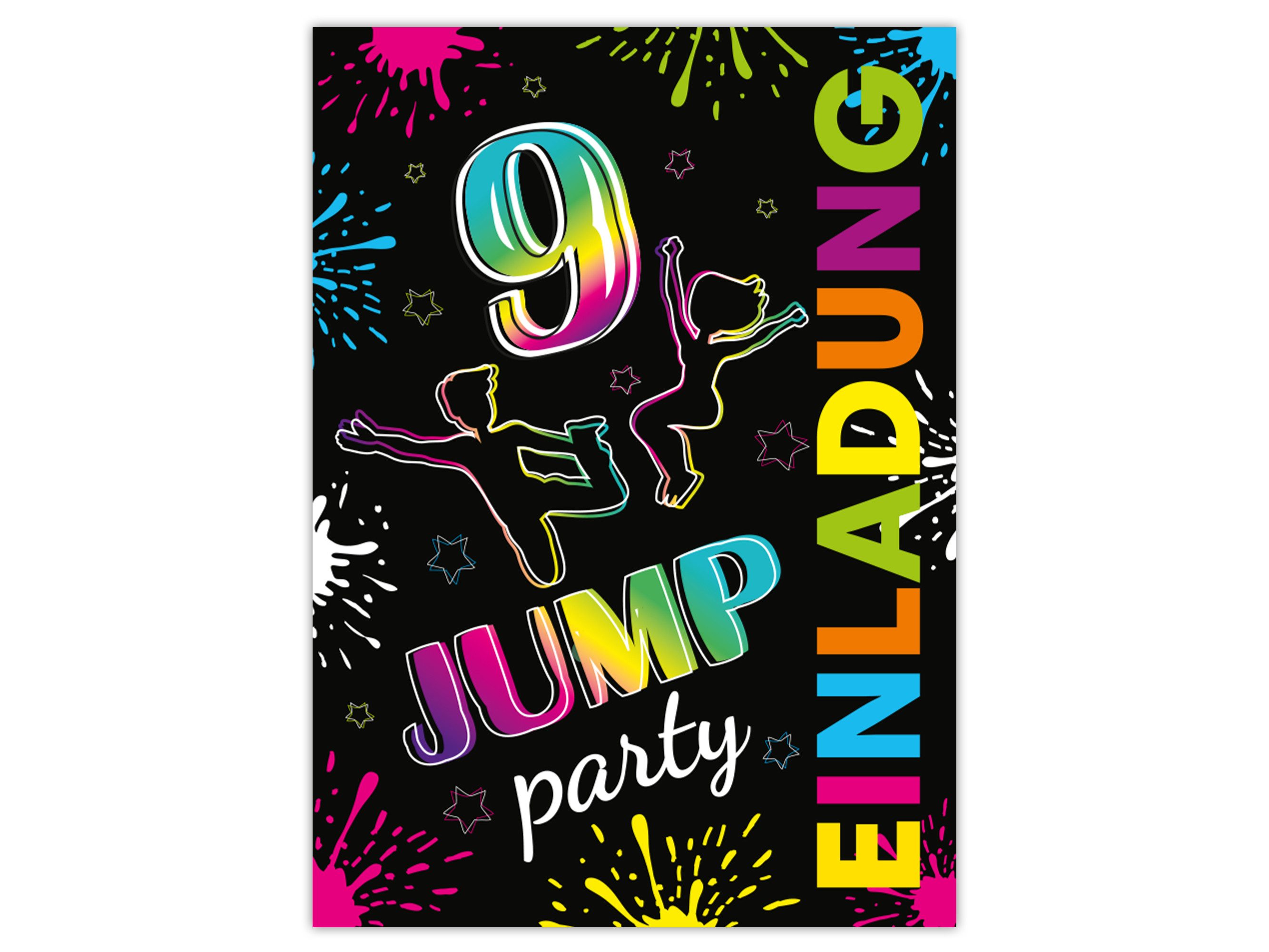 LIMONIA Einladungskarten Jump Party zum 9. Kindergeburtstag Jungs Mädchen Einladungen Trampolin, Einladungskarten zum 9. Geburtstag Trampolinpark Jump Party