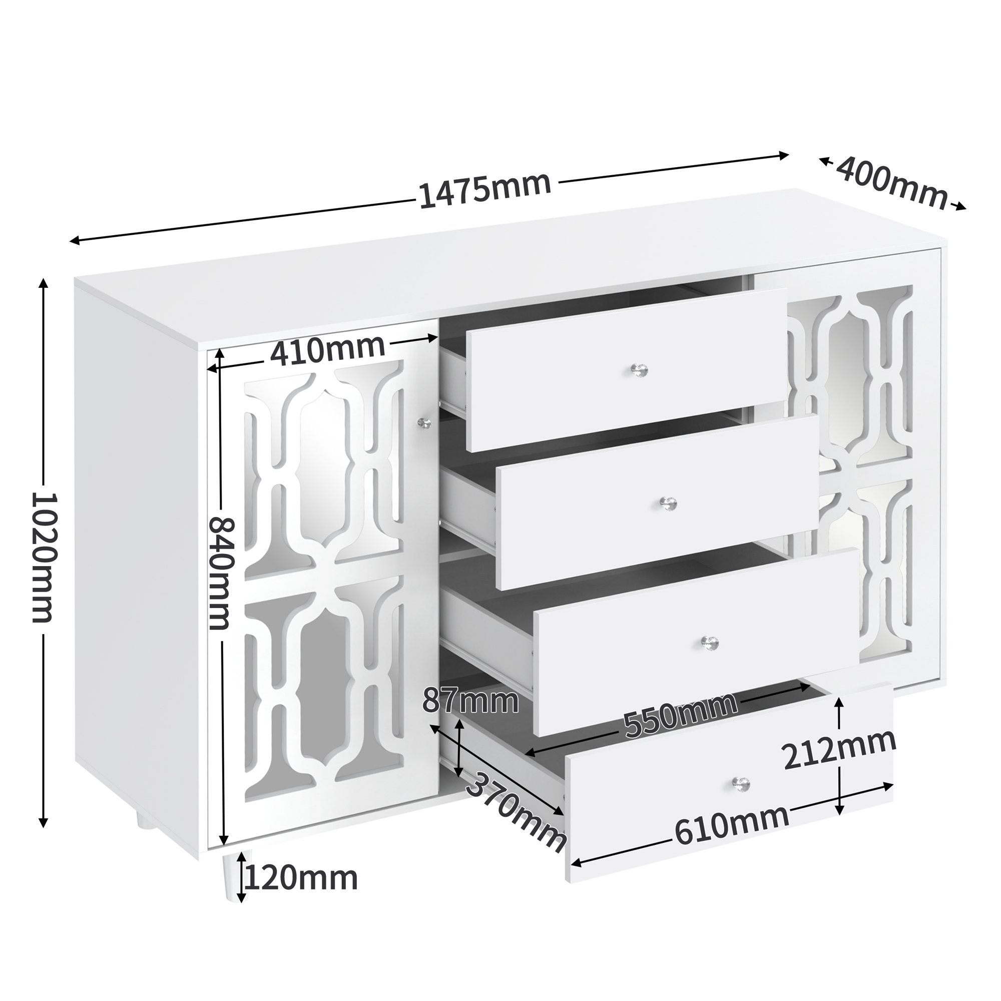 REDOM Anrichte Luxuriöser TV-Schrank Weiß mit Spiegeloberfläche (Weiß, 147,5x40x102 cm), Kristallglasgriffe
