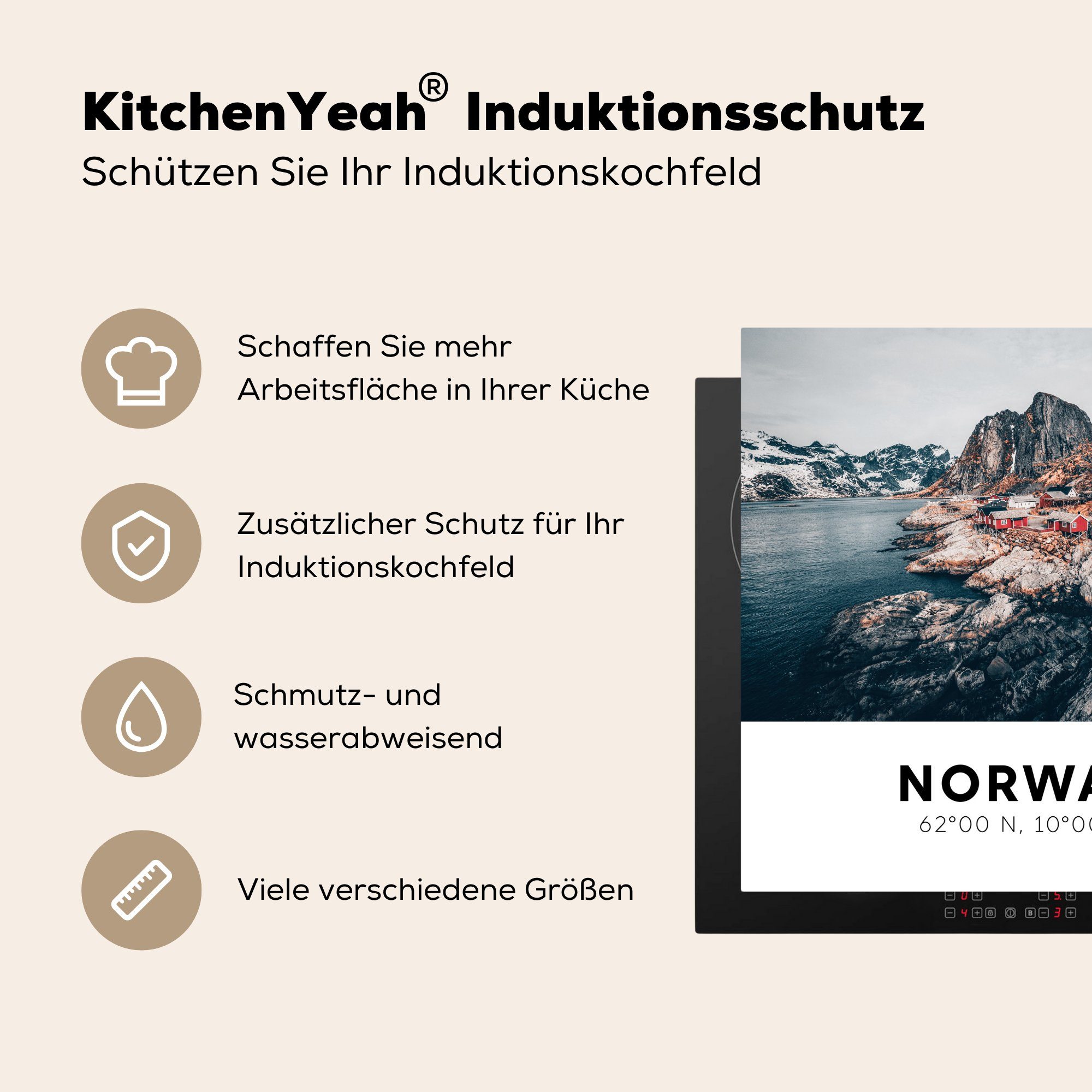 MuchoWow Herdblende-/Abdeckplatte Norwegen - für Ceranfeldabdeckung, Bergen tlg), Vinyl, 78x78 Arbeitsplatte cm, (1 - Skandinavien Winter, küche 