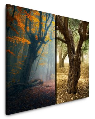 Sinus Art Leinwandbild 2 Bilder je 60x90cm Bäume Wald Herbst Mystisch Laub Natur Beruhigend