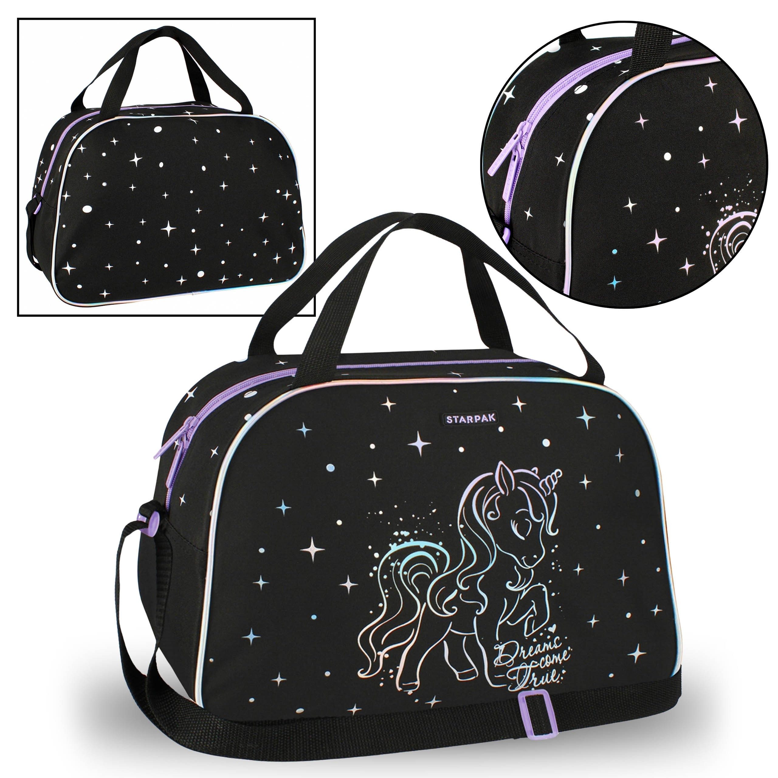 Sporttasche Einhorn holo Schwarze Umhängetasche, Sporttasche 39x27x16 STARPAK