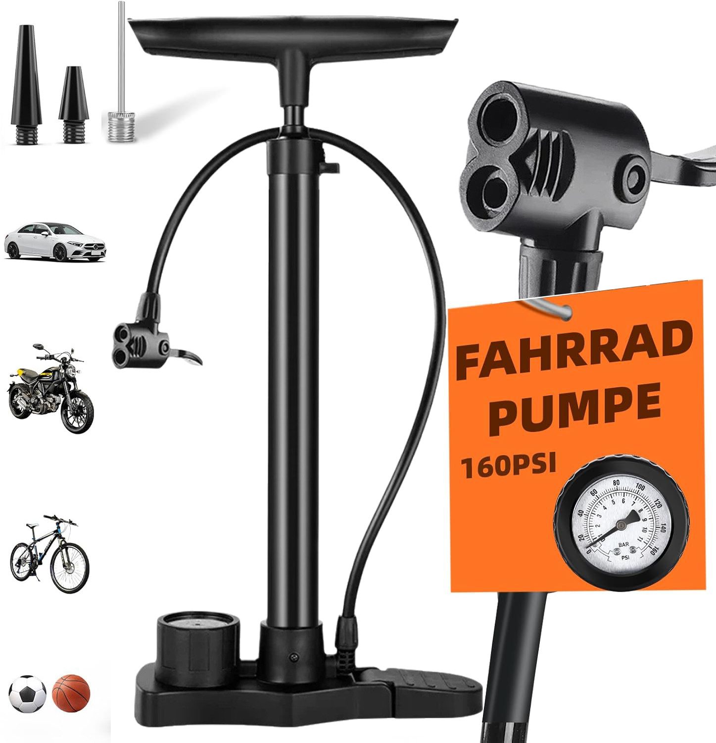 Fyrove Fahrradpumpe Stand-Fahrradpumpe alle Ventile AV, SV, DV, luftpumpe mit Manometer (Fahrrad Luftpumpe Inklusive Großem Manometer, Adaptern & Behälter, Pumpe für Motorrad, E Bike, Auto & Sportartikel)