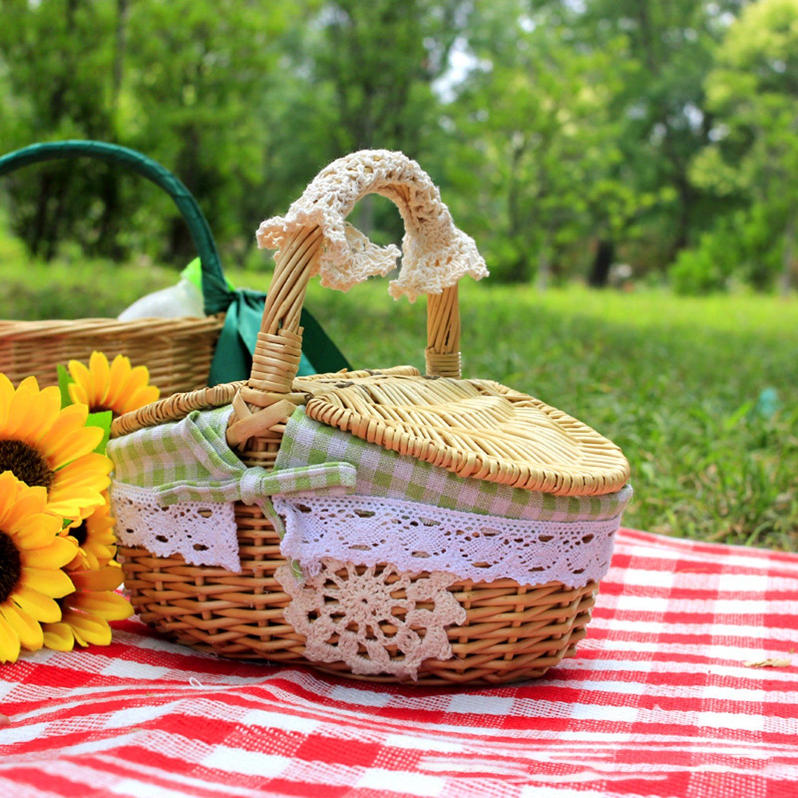 Rutaqian Picknickkorb Picknickkorb,Weidenkorb Mit Geflochtener Korb Blumen Korb für Outdoor Grün