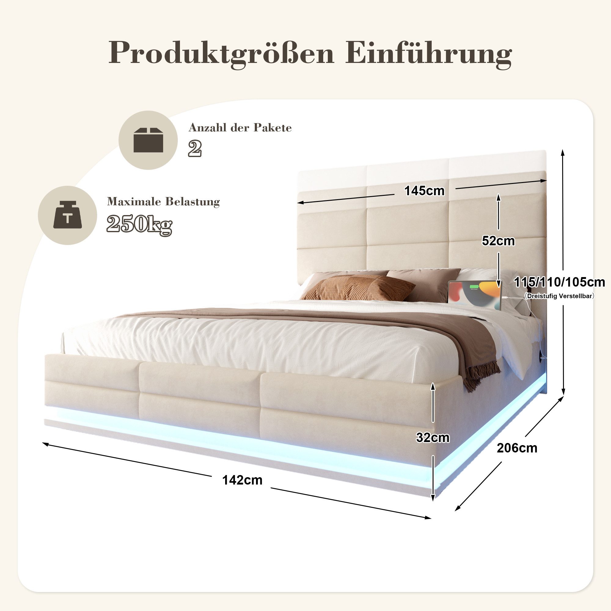 Celya Polsterbett mit höhenverstellbarem Kopfteil und LED-Ambientebeleuchtung (ohne Matratze, Inkl. USB und Type-C-Anschlüsse), mit hydraulischem Lift-System un – Bild 2 von 5