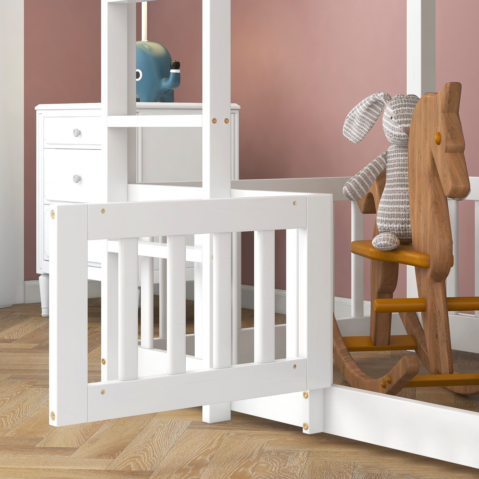 Etagenbett (Hochbett 90x200 cm mit Lattenrost und Rausfallschutz), Kinderbett mit Leiter, Zäune und Tür, aus massivem Kiefernholz