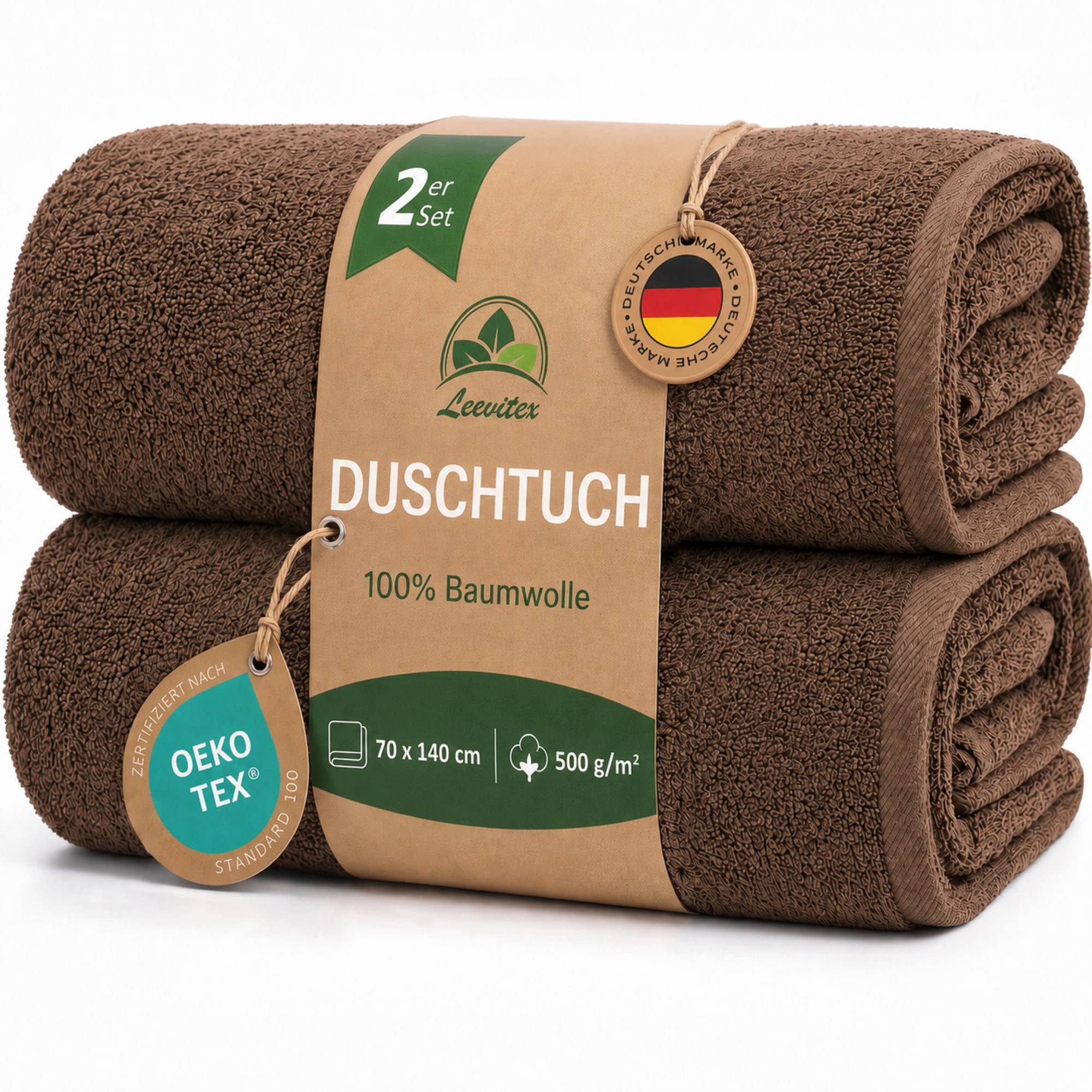 leevitex® Duschtücher 2er-Set, 70x140 cm, 100% Baumwolle, saugstark und fusselfrei, Frottee (Set, 2-St), OEKO-TEX® STANDARD 100 zertifiziert, gestreifte Bordüre