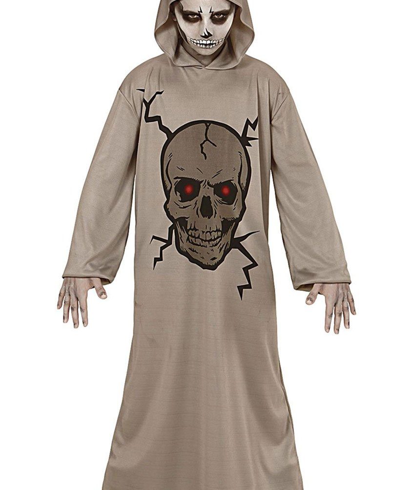 Karneval-Klamotten Kostüm Horror Kinder Gewand mit Kapuze und Totenkopf, Halloween Kapuzenumhang hell ohne Maske mit Aufdruck