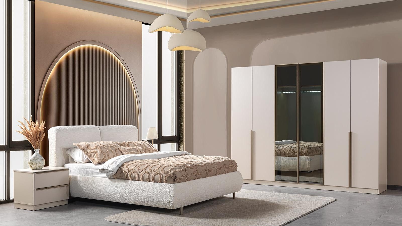 JVmoebel Schlafzimmer-Set Bett 2x Nachttisch Kleiderschrank Schlafzimmer Stil modern Farbe weiß, (3-tlg), Made in Europa
