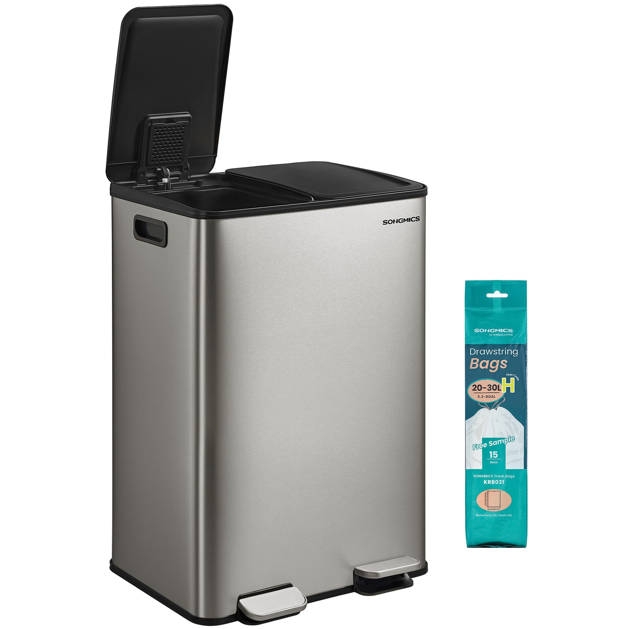 SONGMICS Mülleimer Mülleimer Küche, 2 Fächer, Abfalleimer, Softclose, 2 x 30 Liter