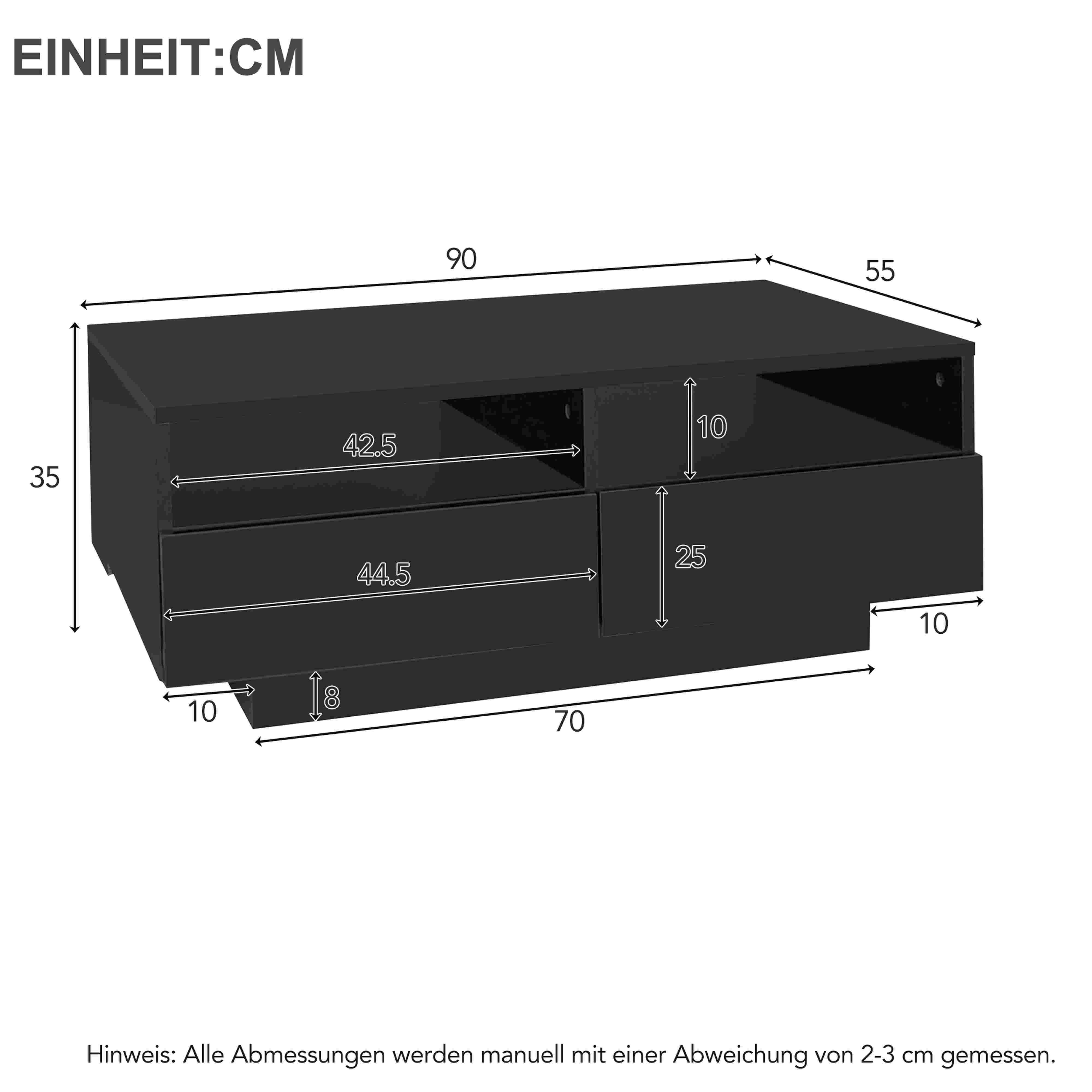 BlingBin Couchtisch LED Hochglanz Couchtisch mit 4 Schubladen, Sofatisch, Wohnzimmertisch (1er Set, 1-St., Belastba: 30kg; USB-Schnittstelle Lichtleiste mit Fernbedienung), Modern Center Table mit 16 Farben LED Lichter für Wohnzimmer