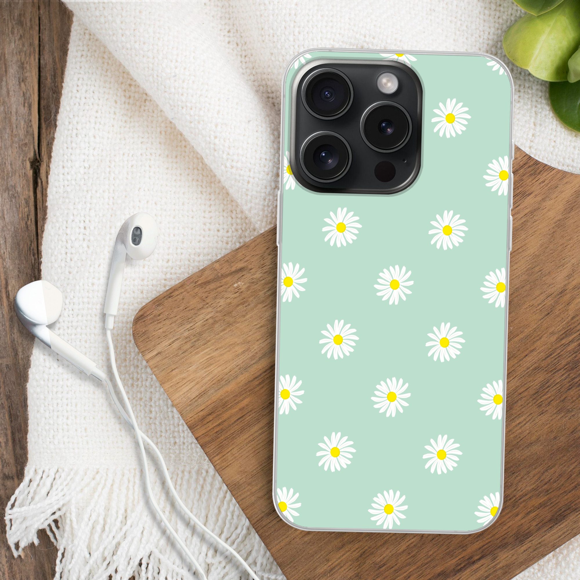 MuchoWow Handyhülle für Apple iPhone 15 Pro Gänseblümchen - Pastell - Weiß - Grün - Floral, Smartphone-Bumper, Print, Handy Schutzhülle Dünn