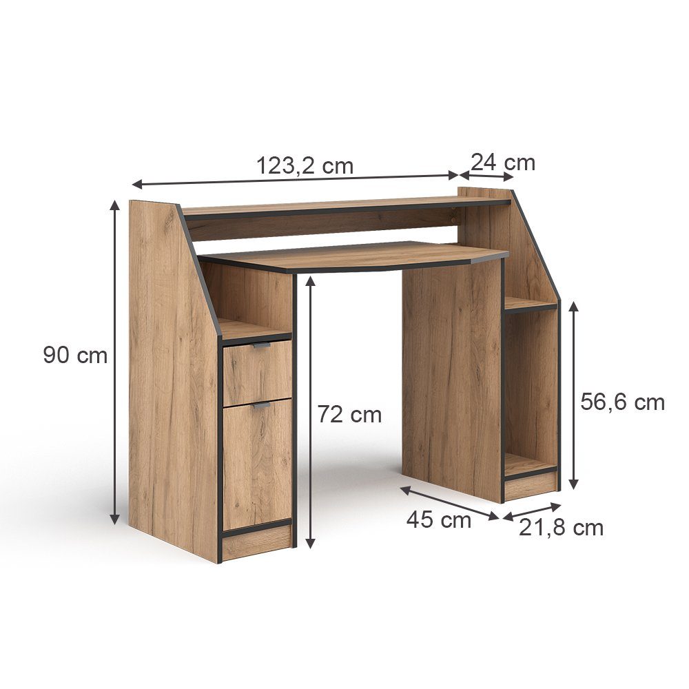 Vicco Computertisch Joel, Goldkraft Eiche/Schwarz, 123.2 x 45cm mit 1 Schublade und 1 Tür