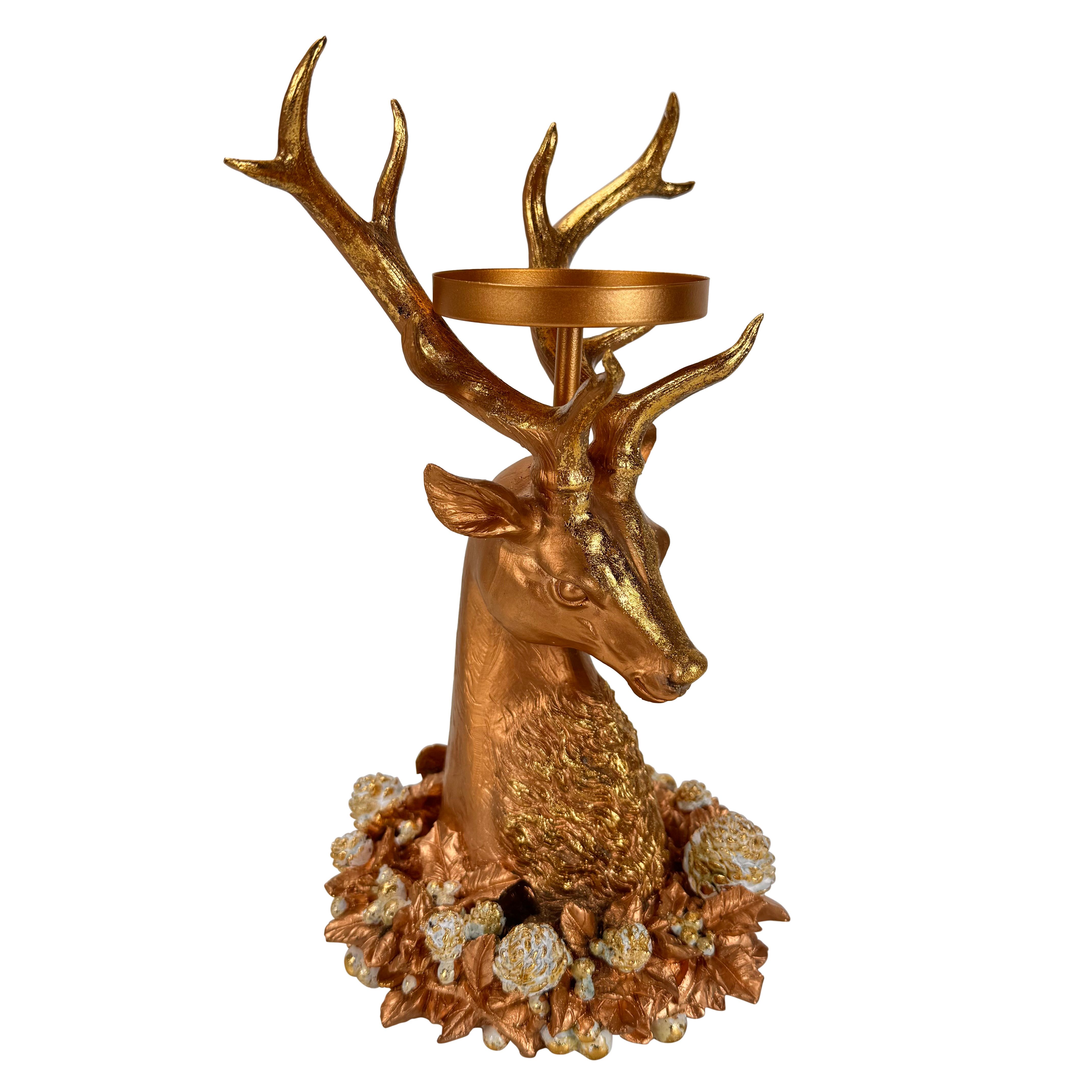 Online-Fuchs Kerzenhalter für Stumpenkerzen - Kerzenständer mit imposanten Hirschkopf (29 cm groß, für Kerzen bis 7,5 cm Durchmesser), Dekoration für Herbst, Winter und Weihnachten