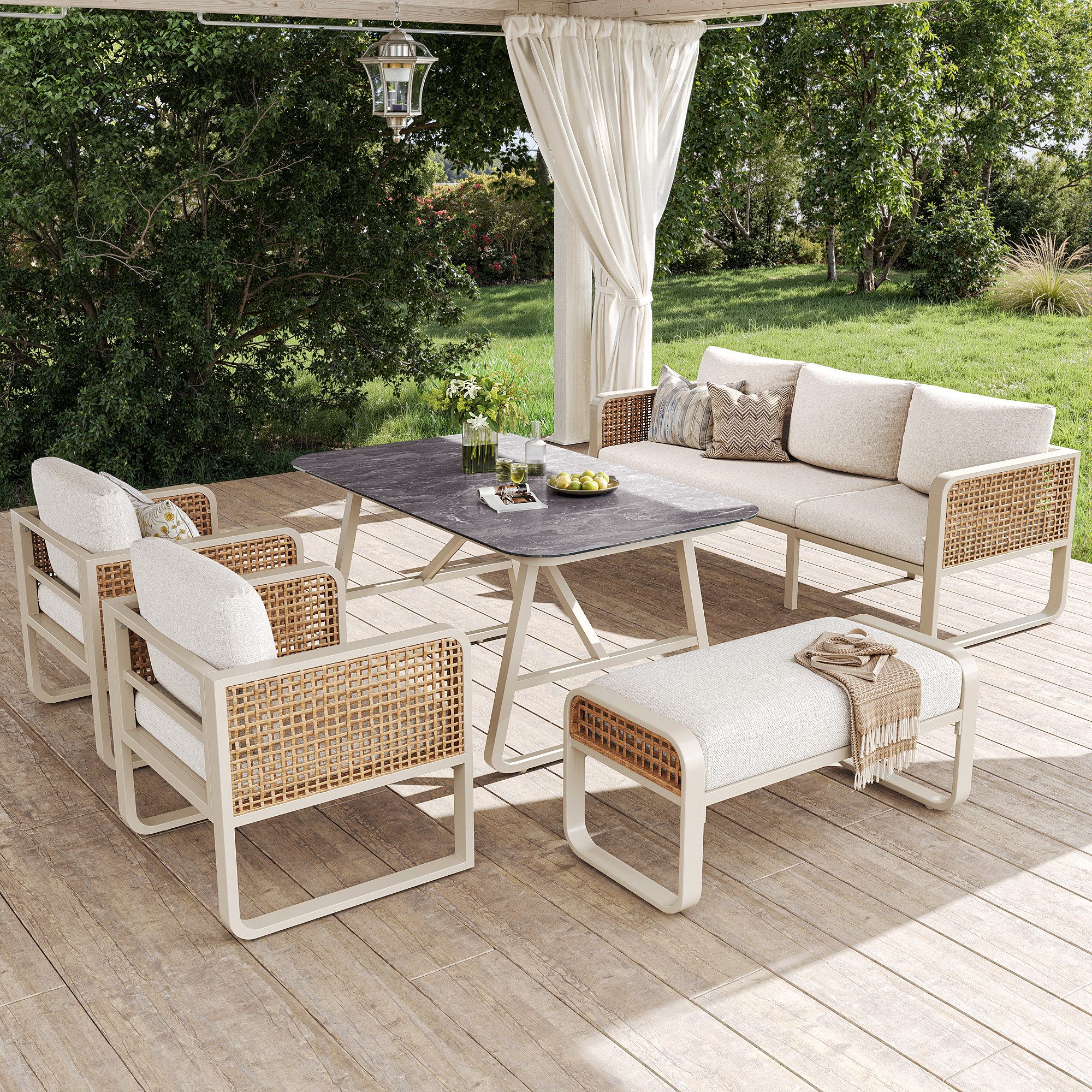 Flieks Gartenlounge-Set, 7-Sitzer PE-Rattan Gartenmöbel Balkonset mit verstellbaren Fußpads