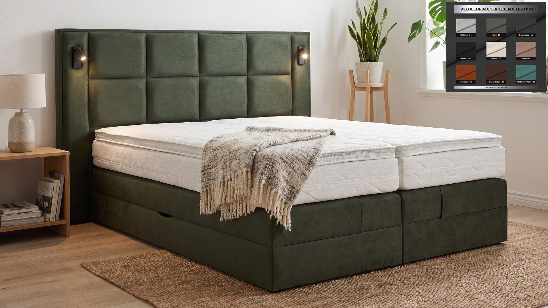 PAARA Boxspringbett mit Bettkasten und Beleuchtung inkl. Matratze und Topper, mit innovativem Belüftungssystem