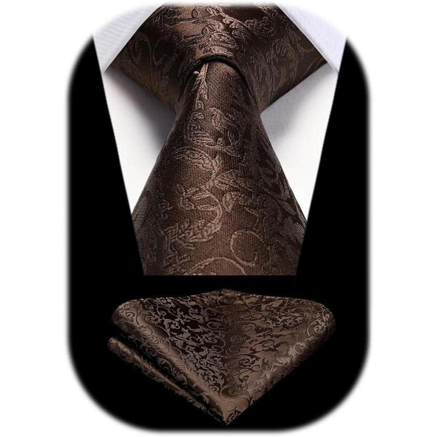 LuxusKollektion Krawatte Krawatten Herren Hochzeit Paisley Einstecktuch Set N-Braun-1