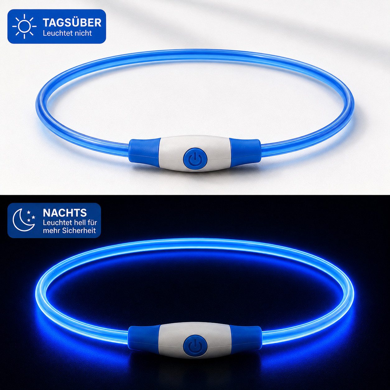 FroShop Hundehalsbandleuchte Premium LED Hundehalsband USB aufladbar (Gr. 35cm - 65cm) leuchtend, LED fest integriert, Verschiedene Farben, Leuchthalsband kürzbar S–L für Hunde Nacht Sicherheit inkl. Ladekabel