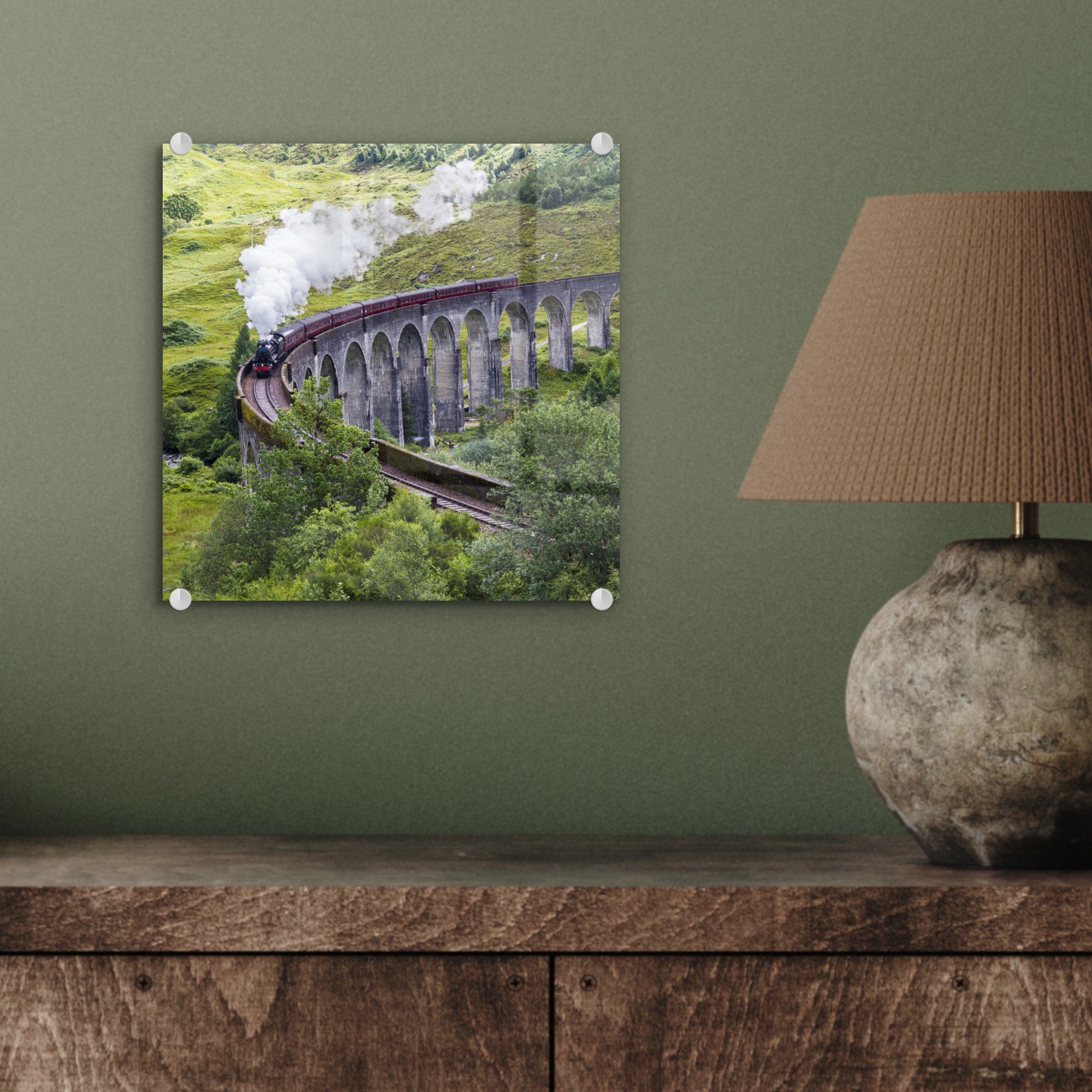 Wanddekoration - Foto St), Bilder Glas Eisenbahnbrücke auf hohen großen - MuchoWow - steinerne Eine Wandbild auf (1 Glas mit Acrylglasbild Glasbilder Bögen,