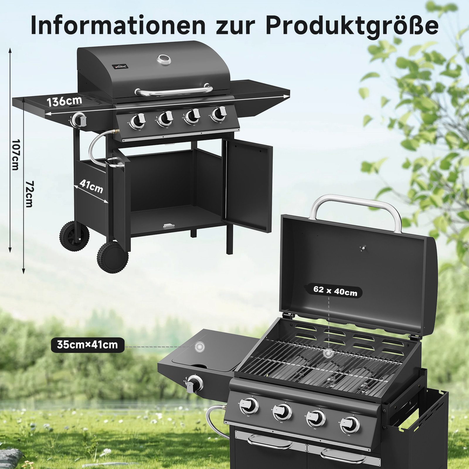 HOMELUX Gasgrill 4 +1 Brenner 15 kW BBQ Grillwagen, 136 x 107 x 51cm Standgrill, Grillküche, Standgrill Gas Grillwagen, inkl. Grillrost, Deckel, Thermometer, Piezozündung