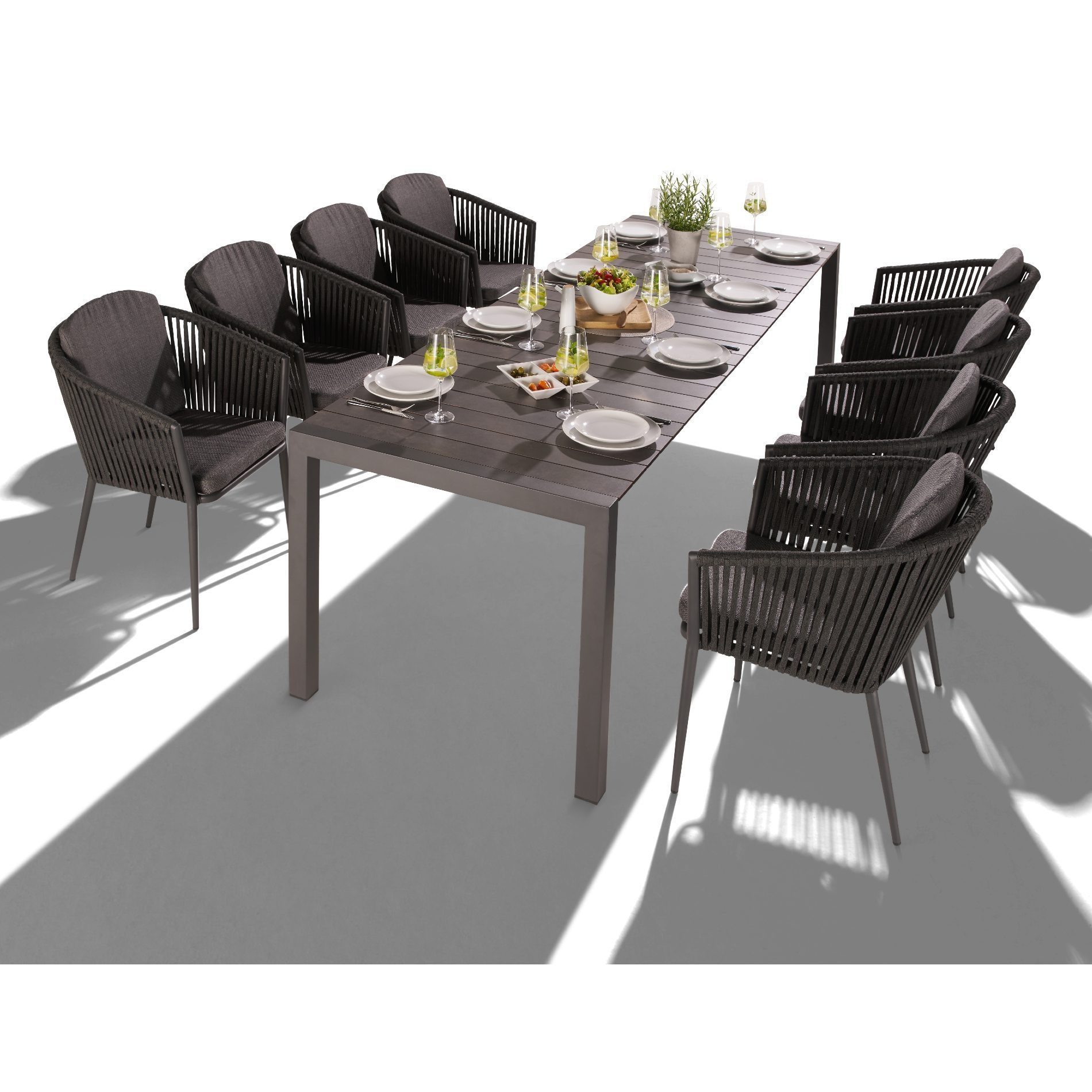 Liadomo Garten-Essgruppe Marano/Carano, (Gartenmöbel-Set, 9-tlg., Ausziehtisch mit 8 Stapelsesseln), Rope-Bespannung, inkl. Sitz-und Rückenkissen