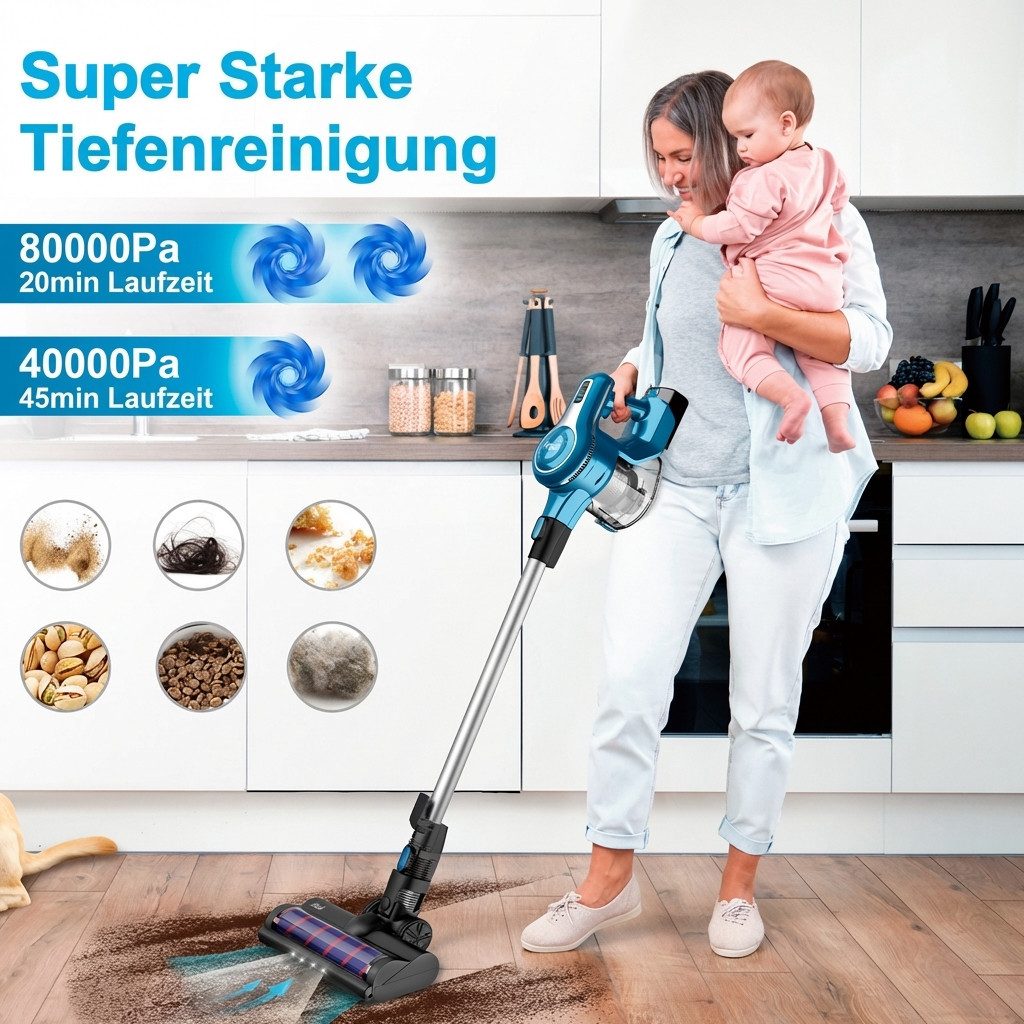 INSE Akku-Hand-und Stielstaubsauger 2026 Neuer Akku Staubsauger 80000 Pa/50 Min/1,2 L Staubsauger Kabellos, mit Beutel, 50 dB leise/5-Stufen-HEPA Filter/LED Display, für Böden/Teppiche/Auto