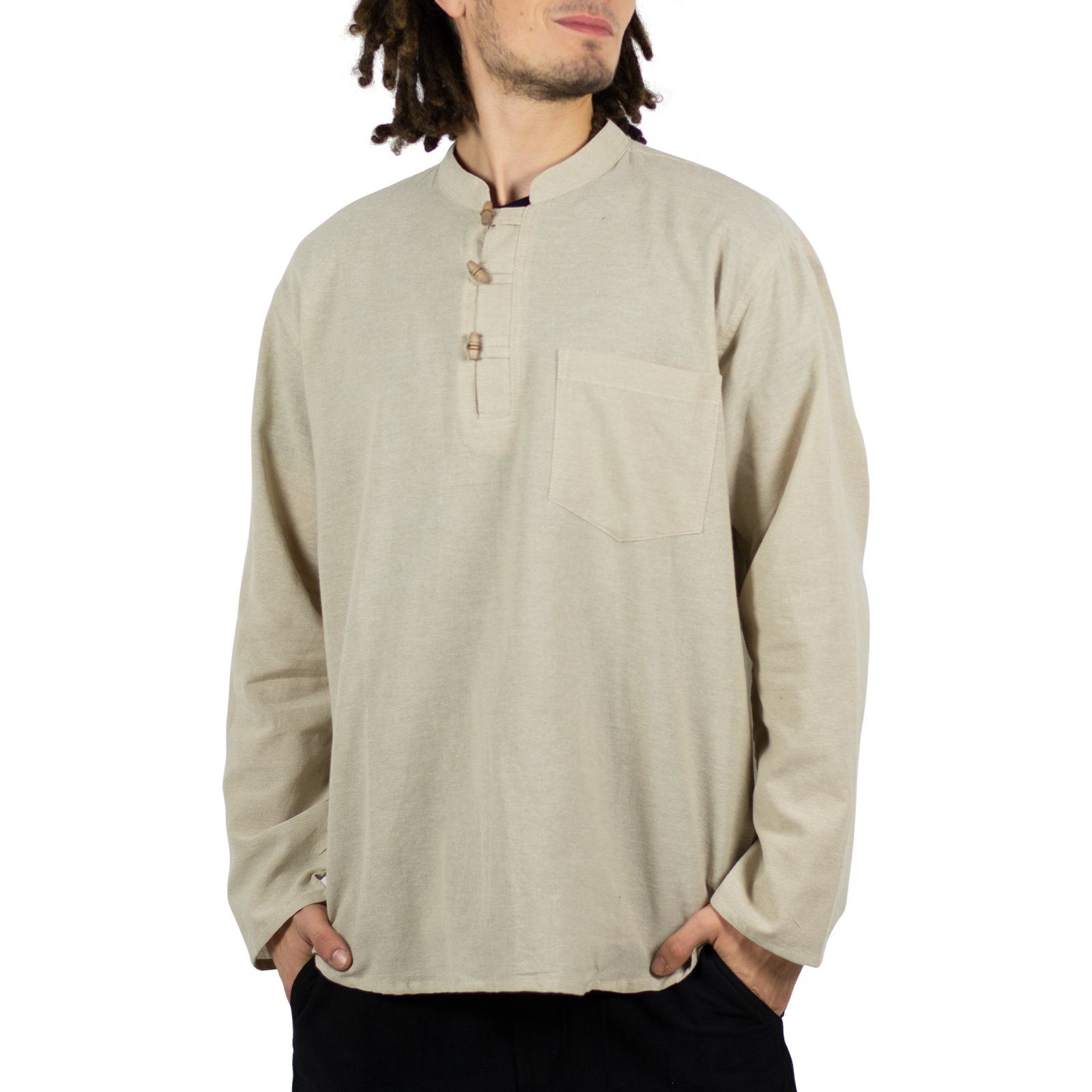 KUNST UND MAGIE Langarmhemd Herren Fischerhemden bequemer Schnitt klassische Farben