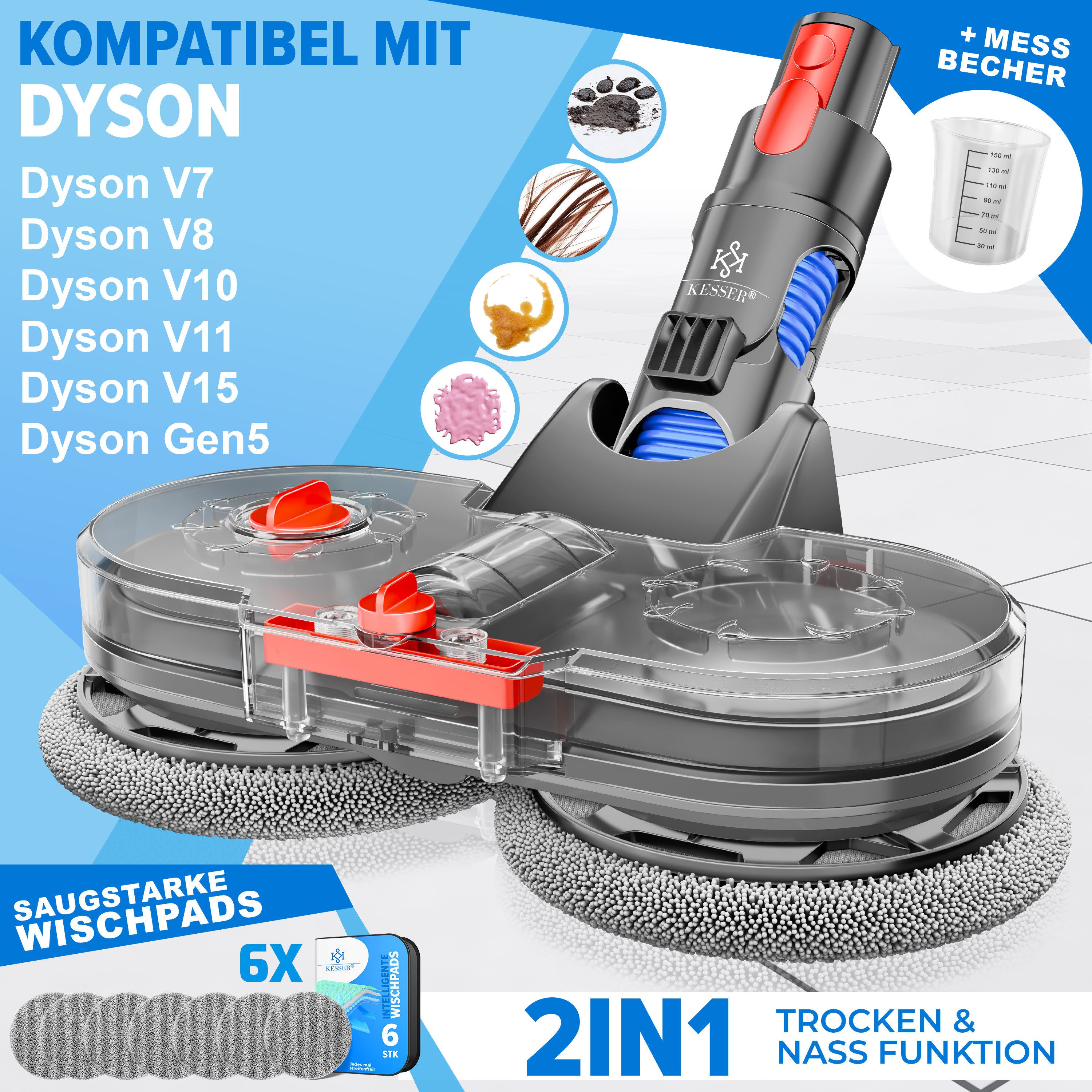 KESSER Wischdüse, Zubehör für Für Dyson V7/V8/V10/V11/V15, Wischmopp Staubsauger Aufsatz mit Wassertank & 6 waschbaren Mops