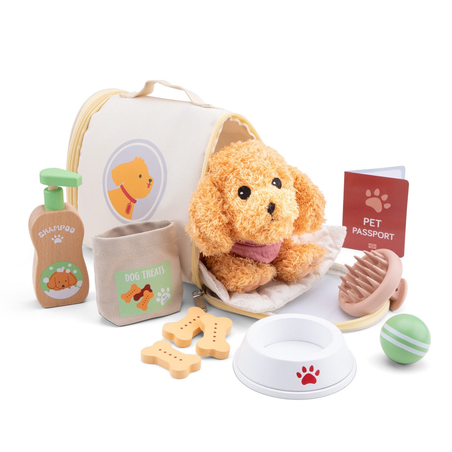 Woet Kuscheltier Hund mit Tasche und Zubehör (Set, 12-St., inkl. Tasche, Napf, Leckerli uvm), FSC®-zertifiziert, mein erstes Haustier Rollenspiel