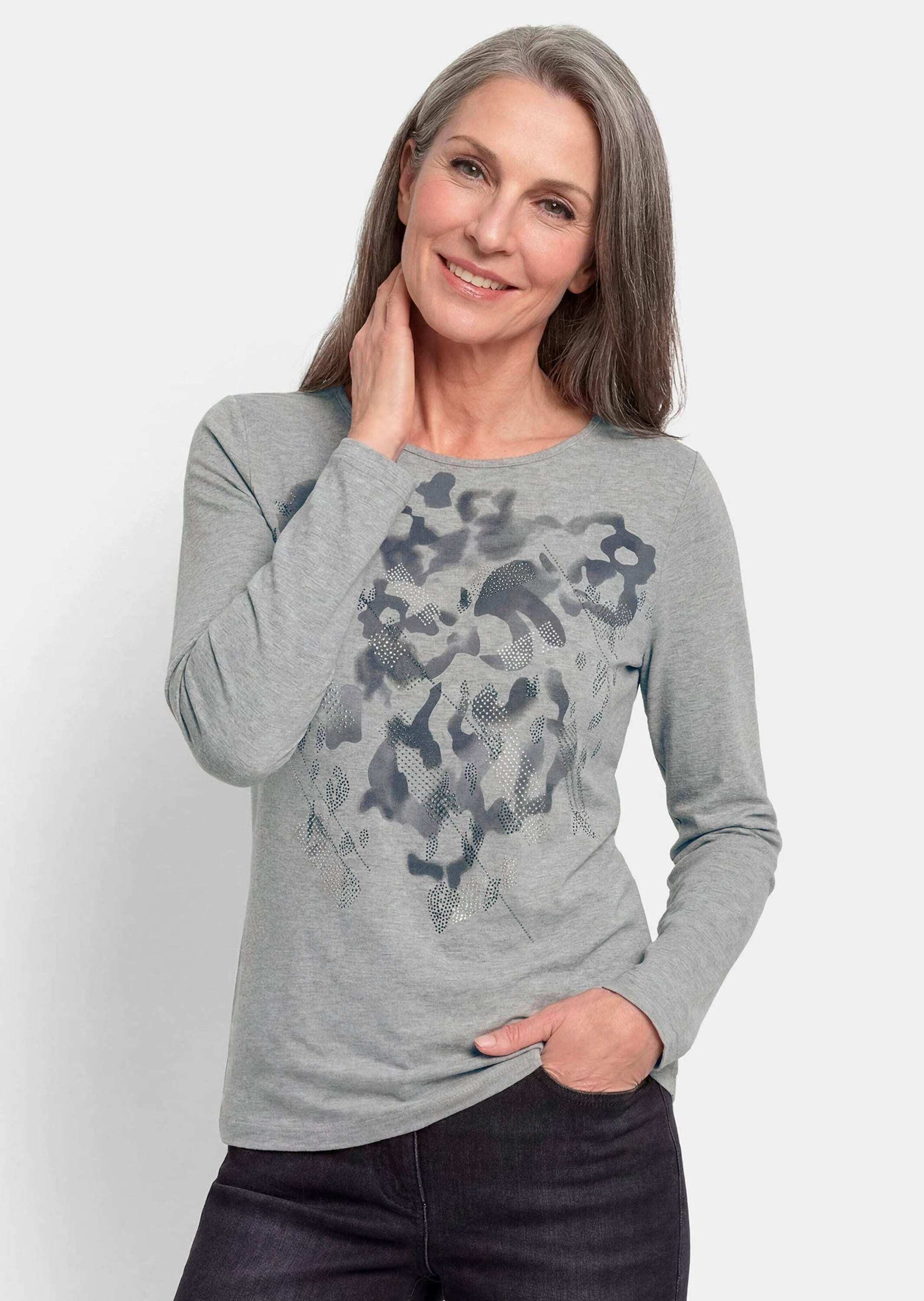 GOLDNER Print-Shirt Kurzgröße: Motivshirt mit Glitzersteinen Langarmshirt aus Viskose-Jersey mit U-Boot-Ausschnitt