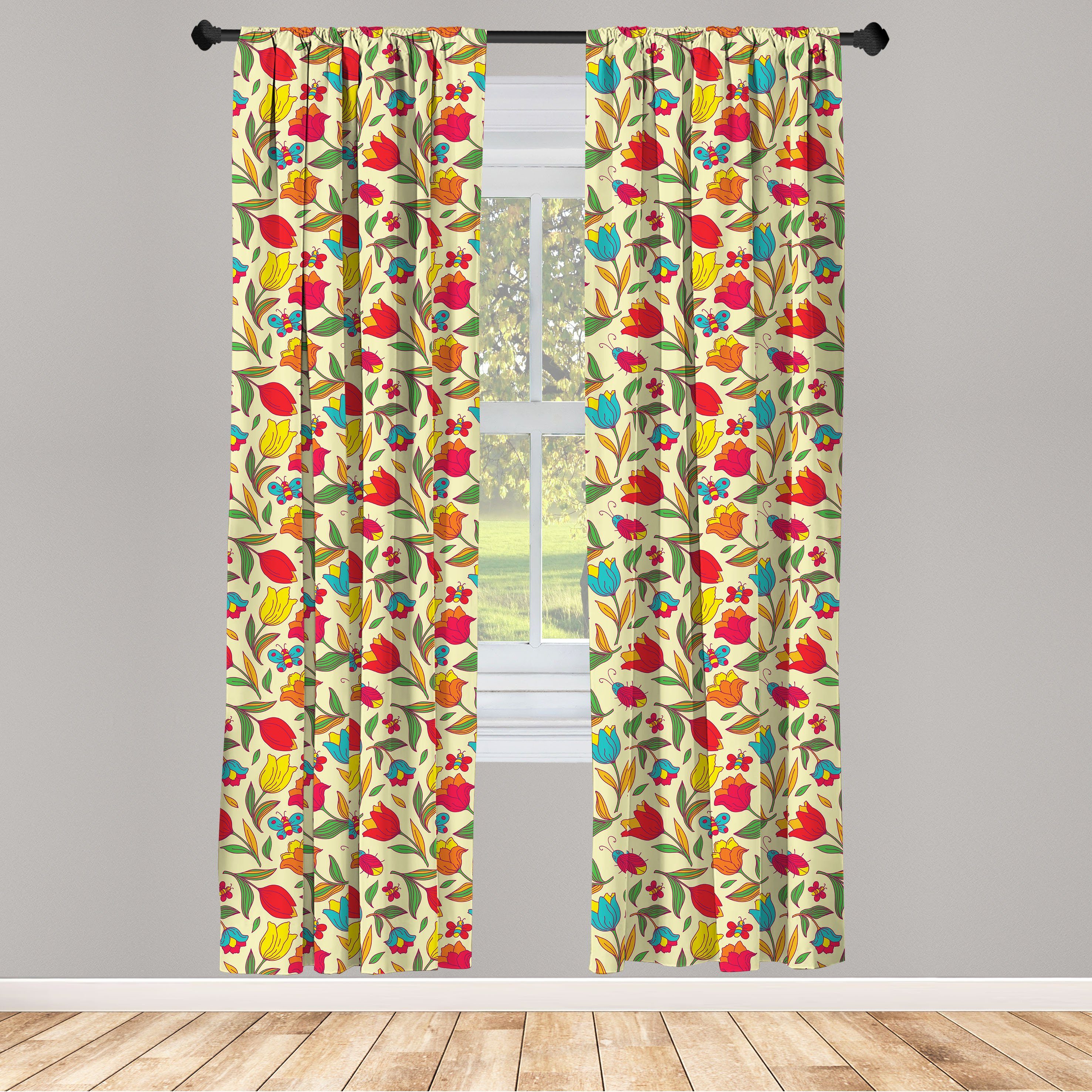 Gardine Vorhang für Wohnzimmer Schlafzimmer Dekor, Abakuhaus, Microfaser, Bunt Schmetterlinge Bee Tulpen