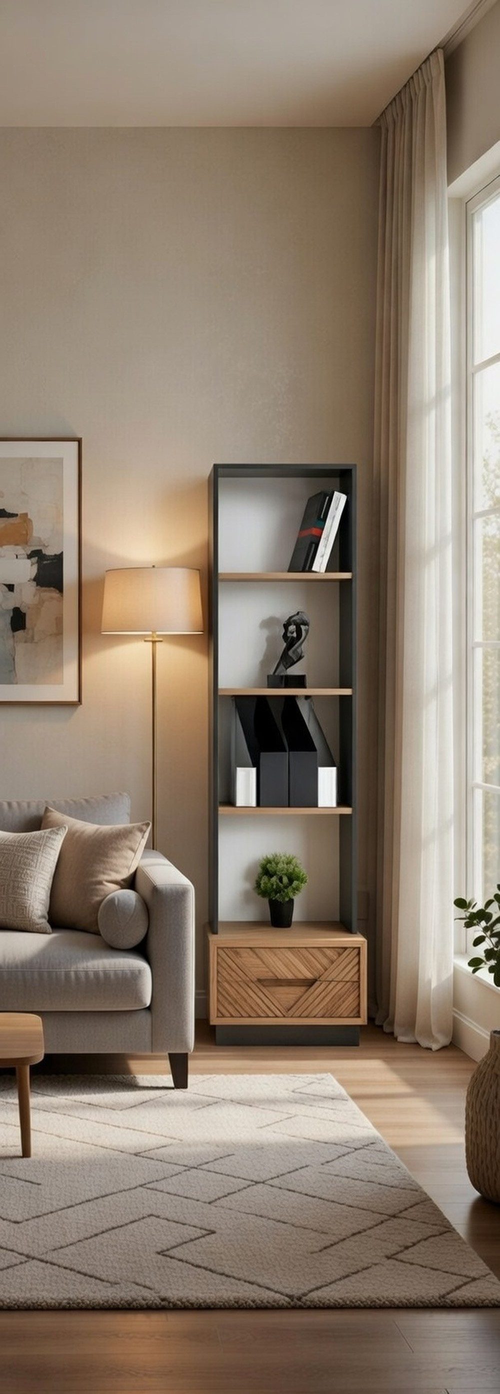 Xlmoebel Bücherwand Elegantes Bücherregal in Grau-Braun mit praktischer Schublade, Bücherregal, Made in Europa
