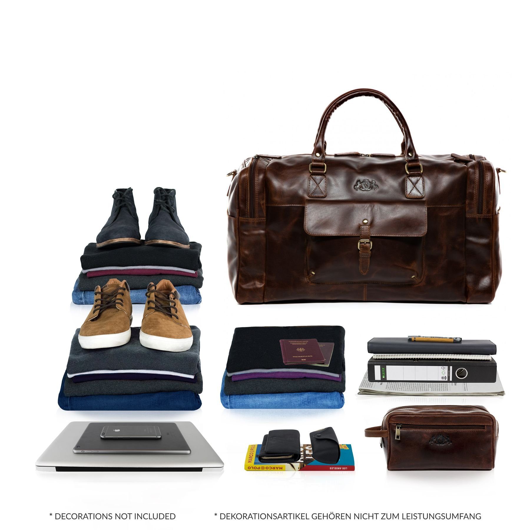 SID & VAIN Reisetasche YALE Weekender Handgepäck Schuhfach echt Leder, Reisetasche Duffle Reisegepäck Sporttasche Herren Damen braun