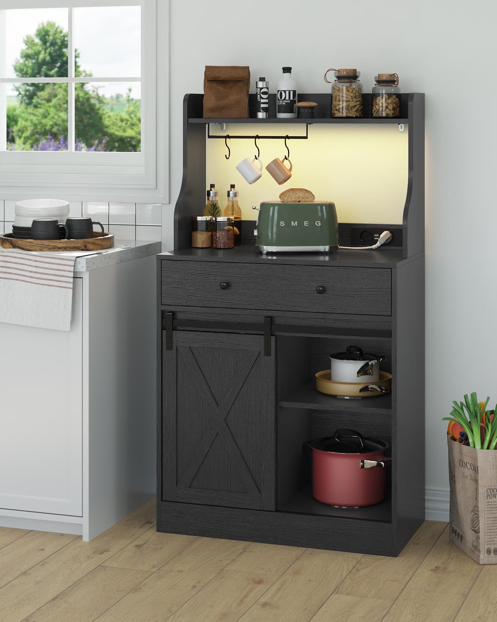 MSMASK Sideboard Küchenschrank Mehrzweckschrank mit LED und Steckdose, mit Große Schublade, 3 Hakens, Verstellbaren Ablagen, 70 *40 *134 cm
