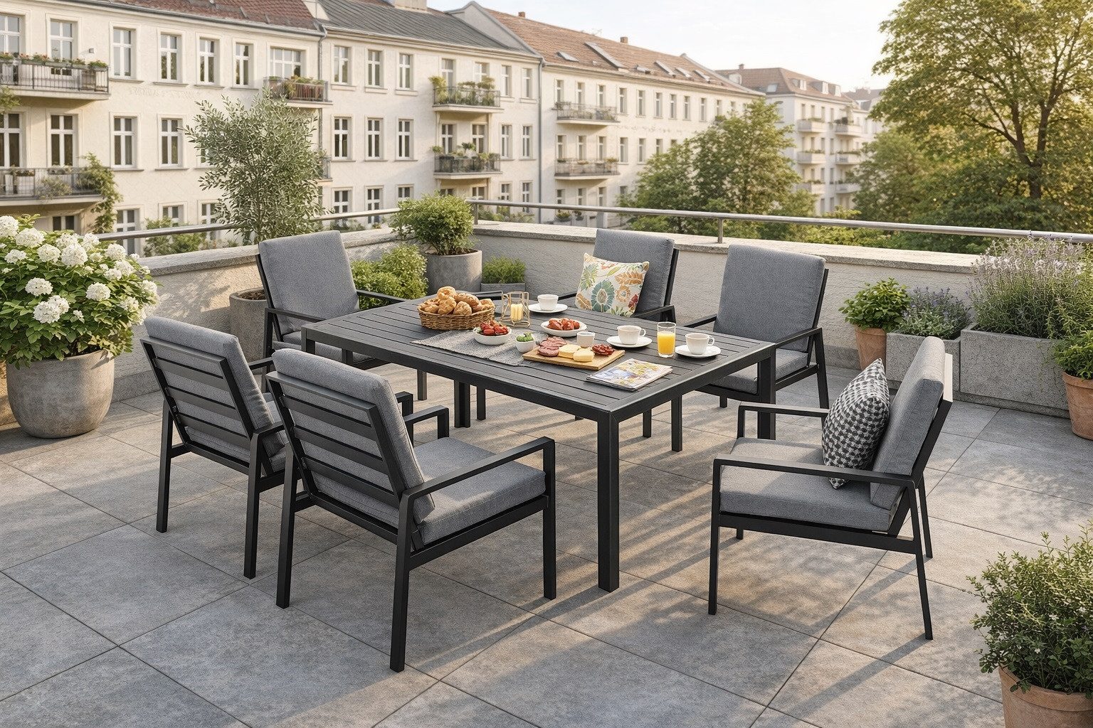 MeXo Gartenlounge-Set Lounge Gartenmöbelset Aluminium Wetterfest, (Garten Essgruppe für 6 Personen, 7-tlg., 6 Sessel, Esstisch 140x80x70 cm), 85 cm Rückenlehne, hoher Sitzkomfort
