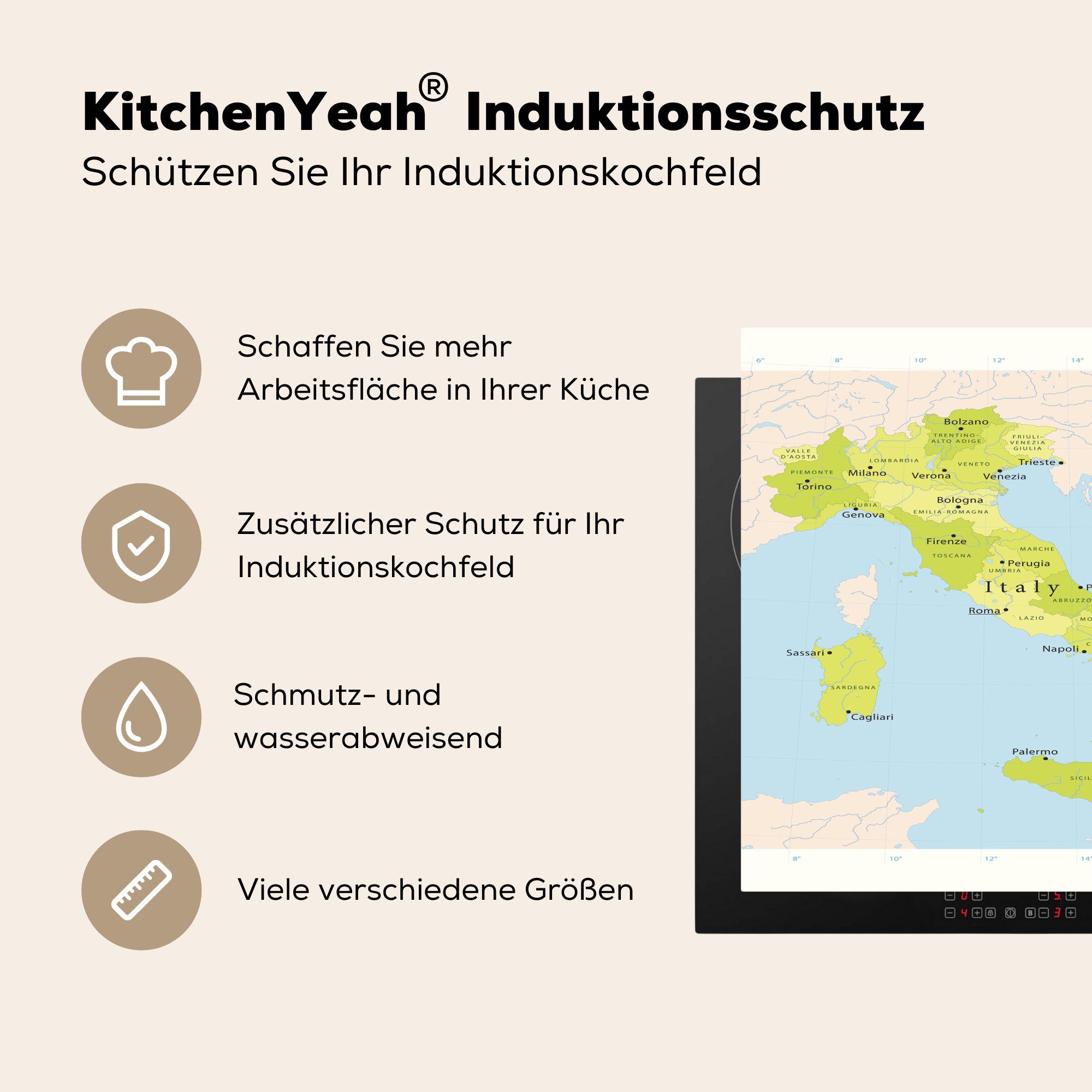 für Italien, Herdblende-/Abdeckplatte küche Vinyl, (1 78x78 MuchoWow Karte Arbeitsplatte tlg), Grüne cm, von Ceranfeldabdeckung,