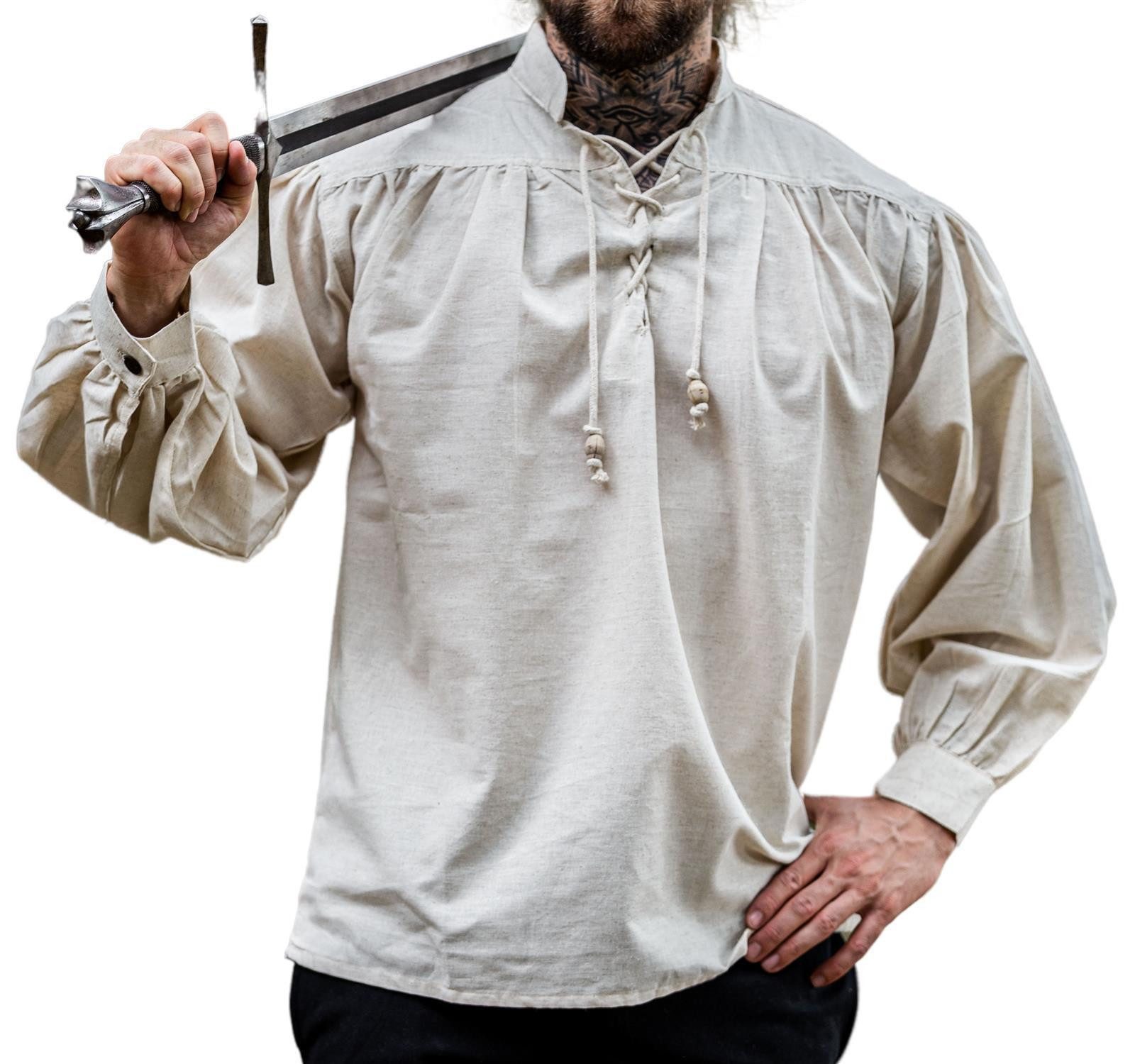 Leonardo Carbone Ritter-Kostüm Stehkragen-Schnürhemd "Bruno", Holzknöpfe, Ärmel zum Hochkrempeln