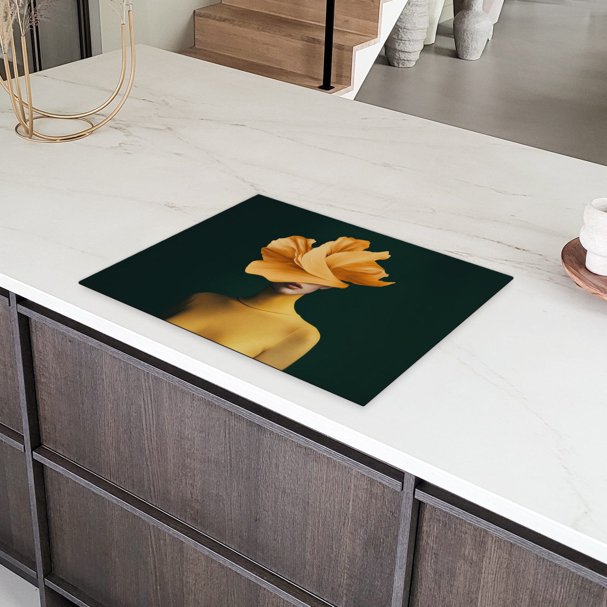 MuchoWow Herd-Abdeckplatte Frau - Hut - Gelb, Vinyl, (1 tlg), Herdplattenabdeckung für Ceranfeld, Herdplatten Vinyl, 71x52 cm