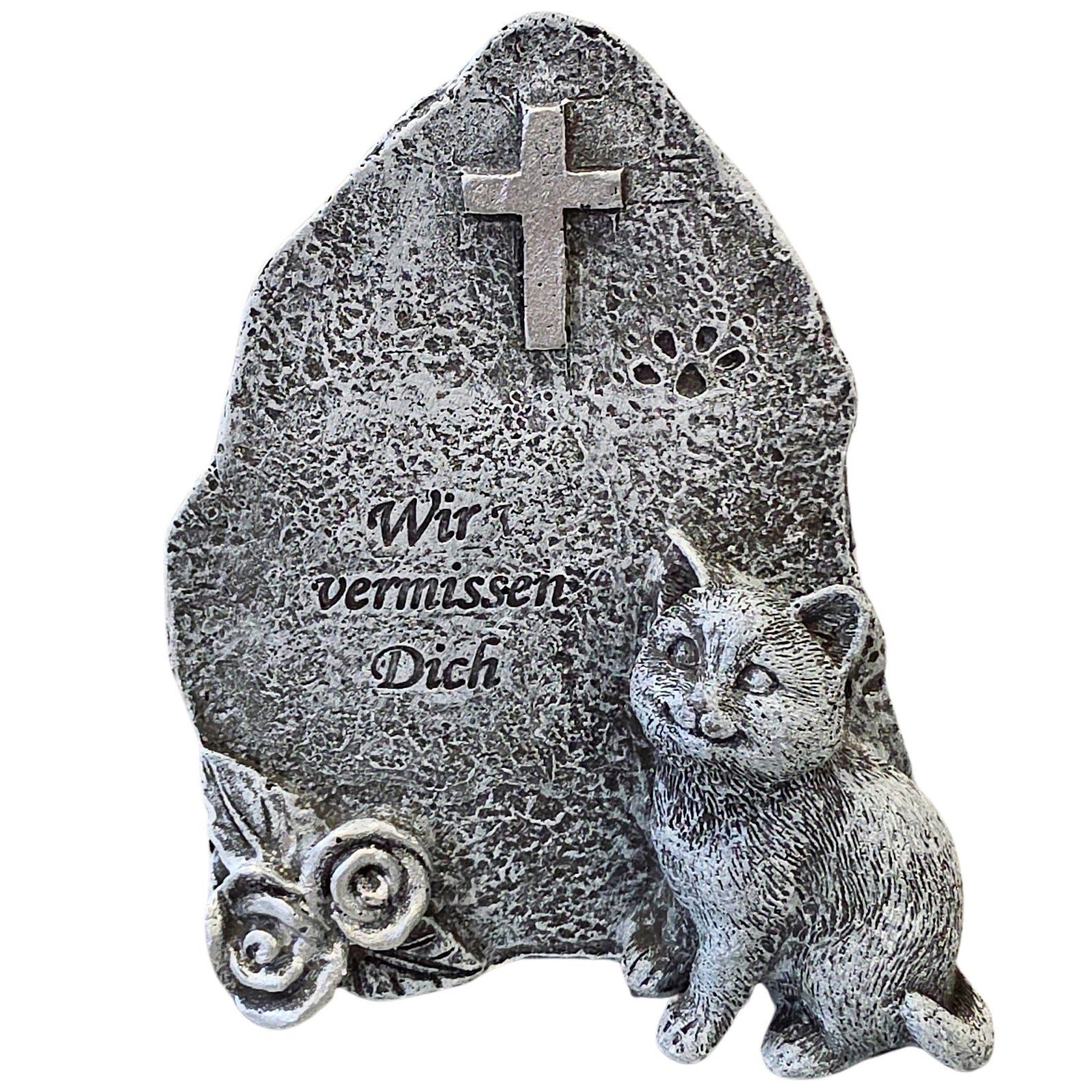 Logbuch-Verlag Dekofigur Gedenkstein Katze Grau „Wir vermissen Dich“ – Grabstein Tiergrab