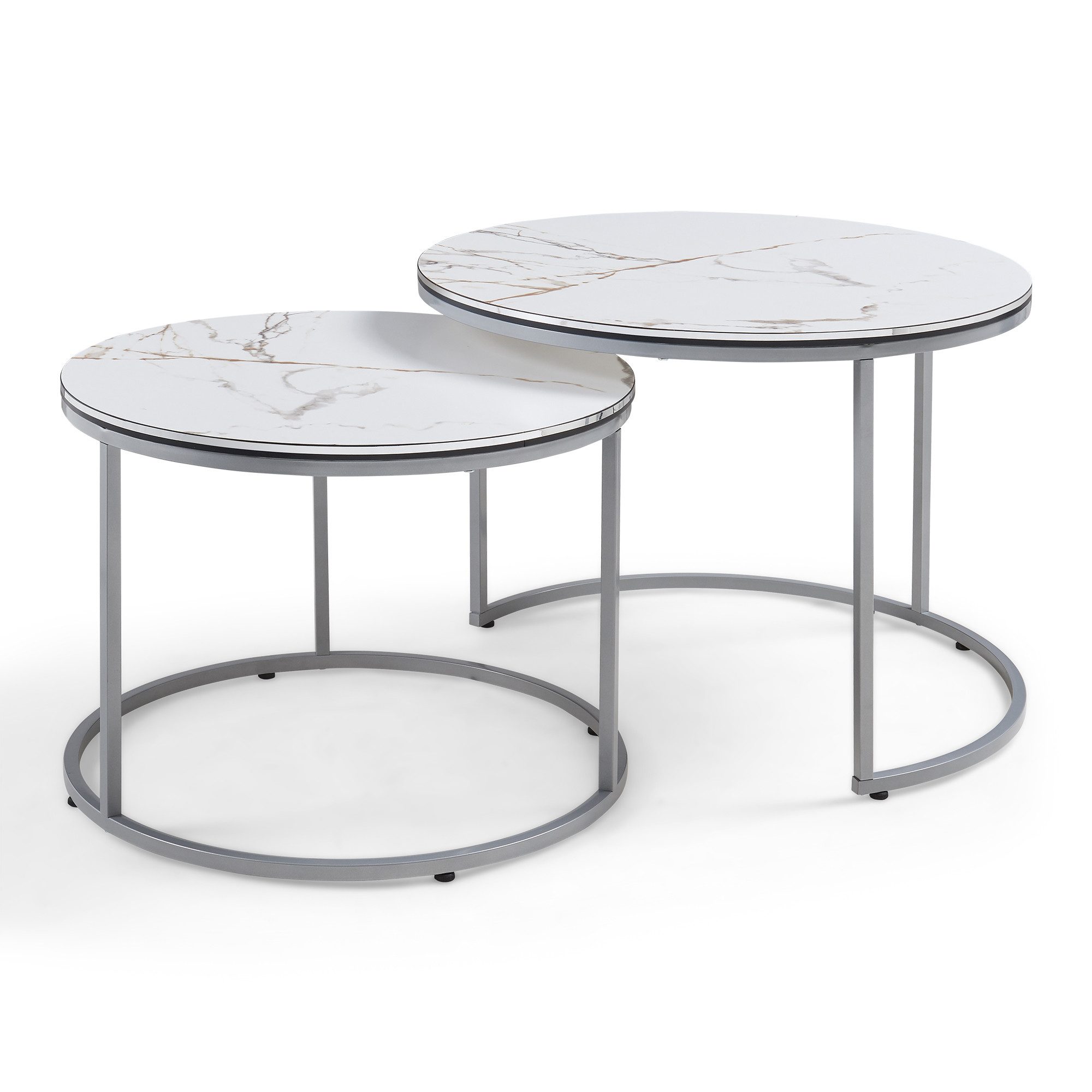 en.casa Couchtisch, »Skagen« Beistelltisch im 2er Set rund Marmor, weiß / Silber