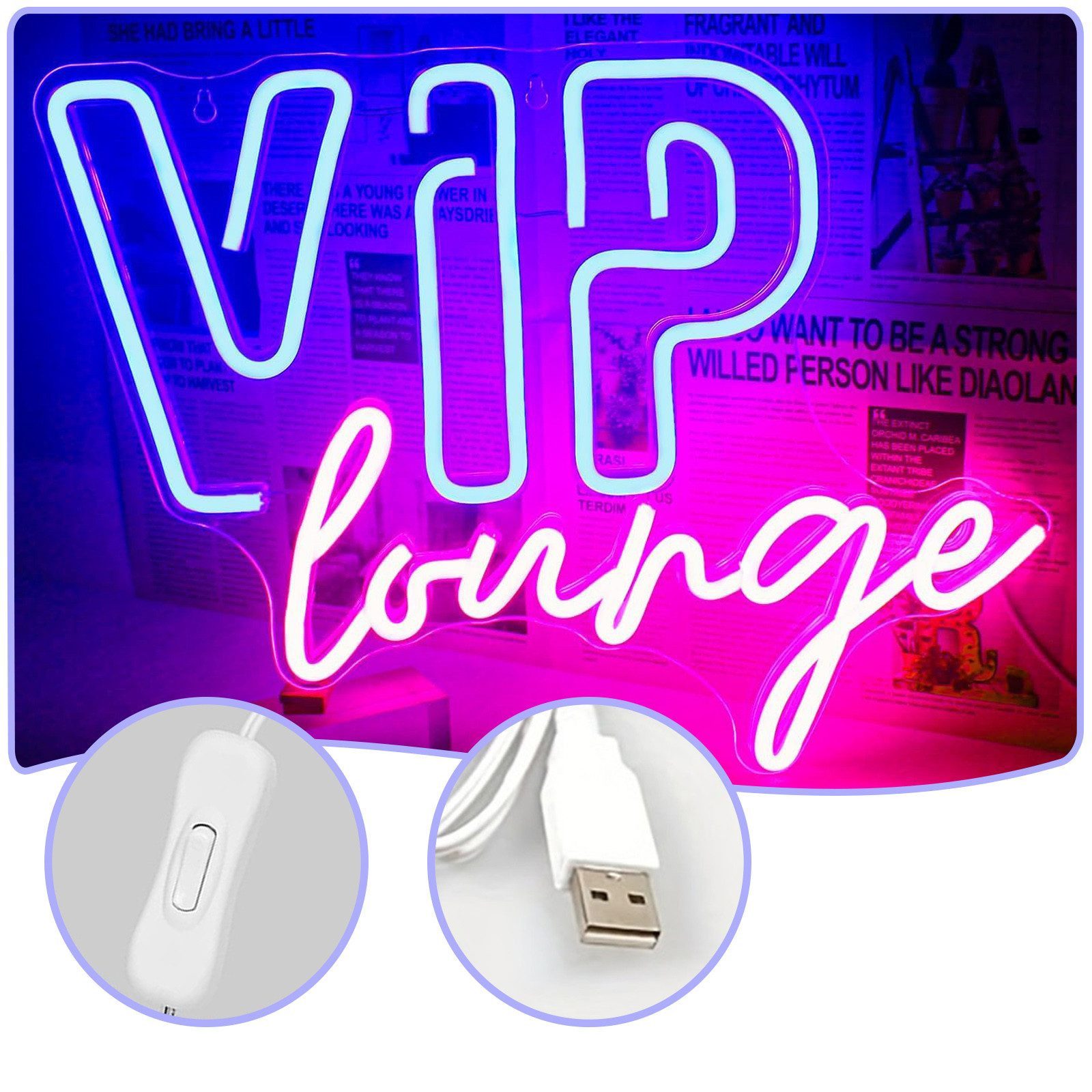 feinlux Dekofigur LED Neonschilder als Raumdekor mit USB Ein-/Ausschalter (Set, Acryl LED-Neonschild Wanddekoration), Wanddekoration, Dekofigur VIP Lounge Neonschilder