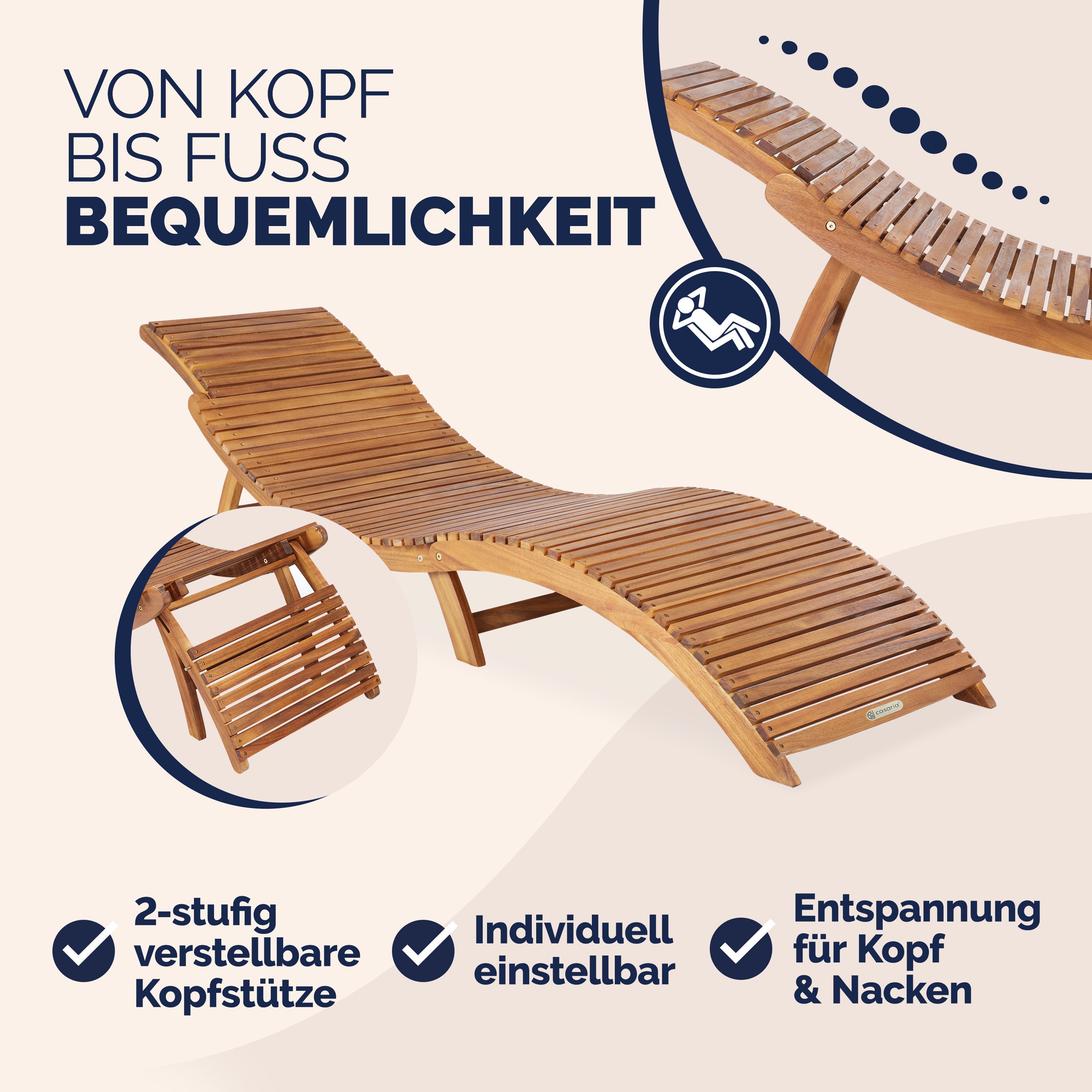 Casaria Gartenliege Braun, Holz Gartenliege FSC®-zertifiziert 320kg Belastbar Garten Akazie