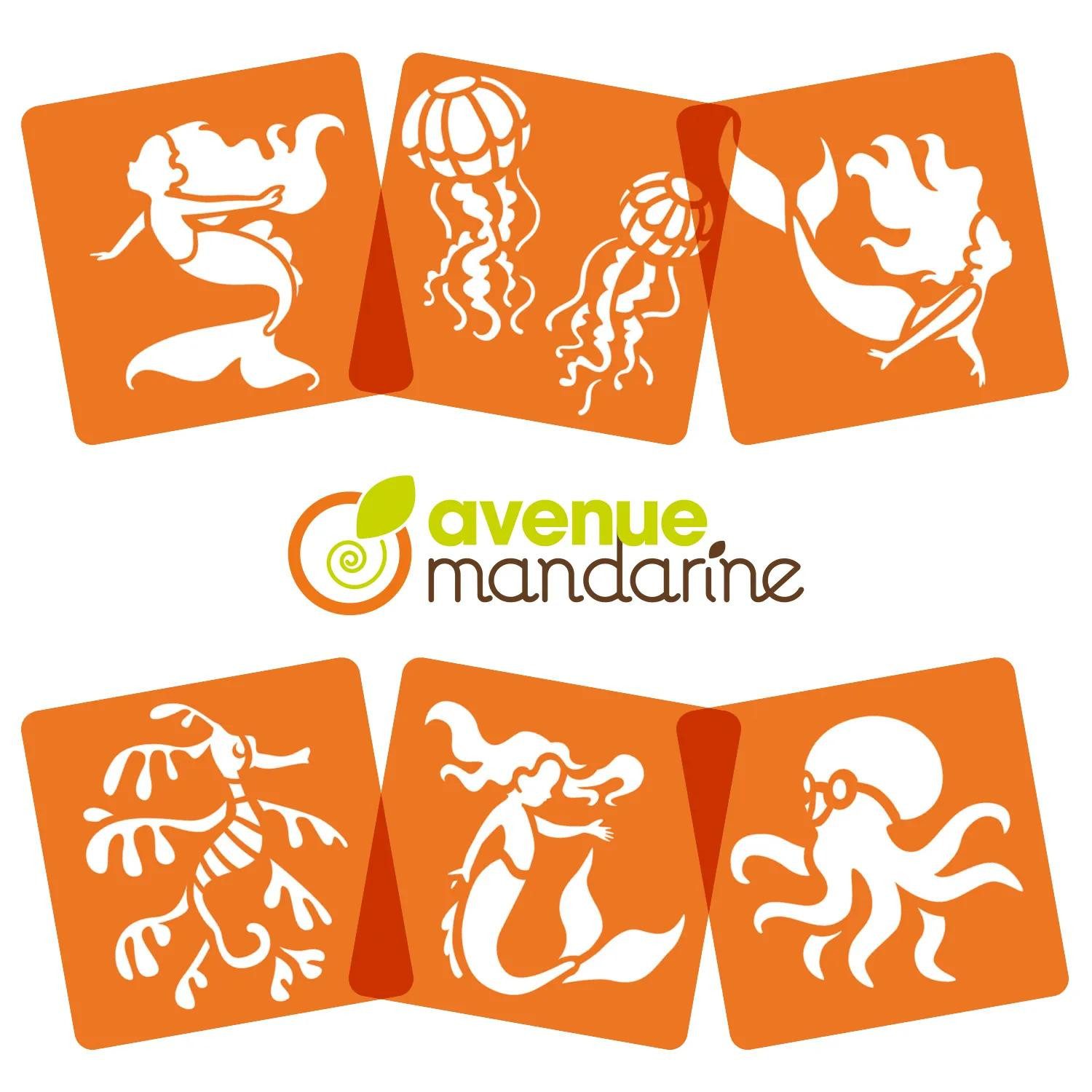 Avenue Mandarine Malschablone 3x 6 tlg Schablonenset für Kinder Meerjungfrauen Orange PO010C, Schablone
